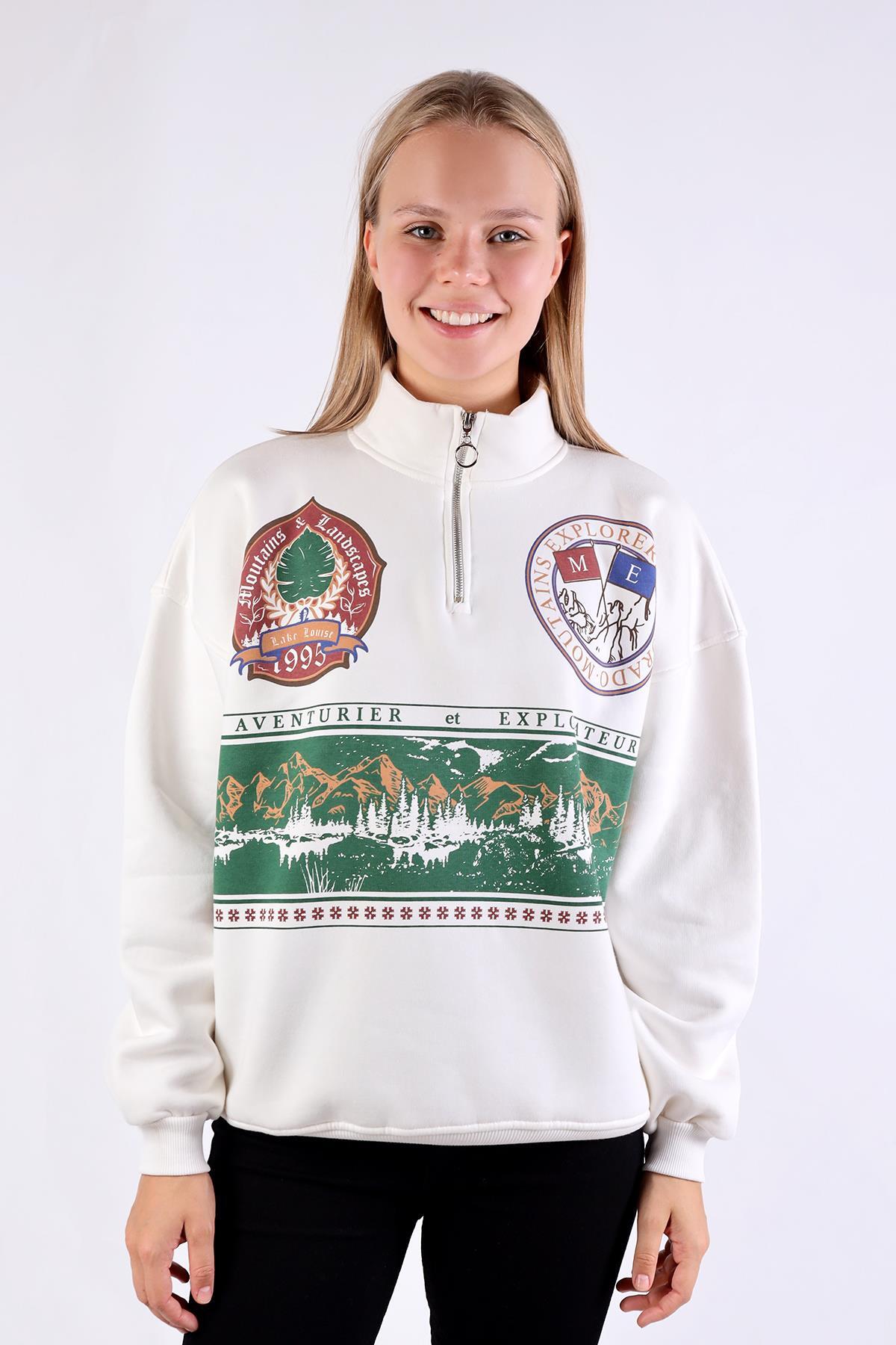 1118 Baskılı Fermuarlı Sweat Ekru 