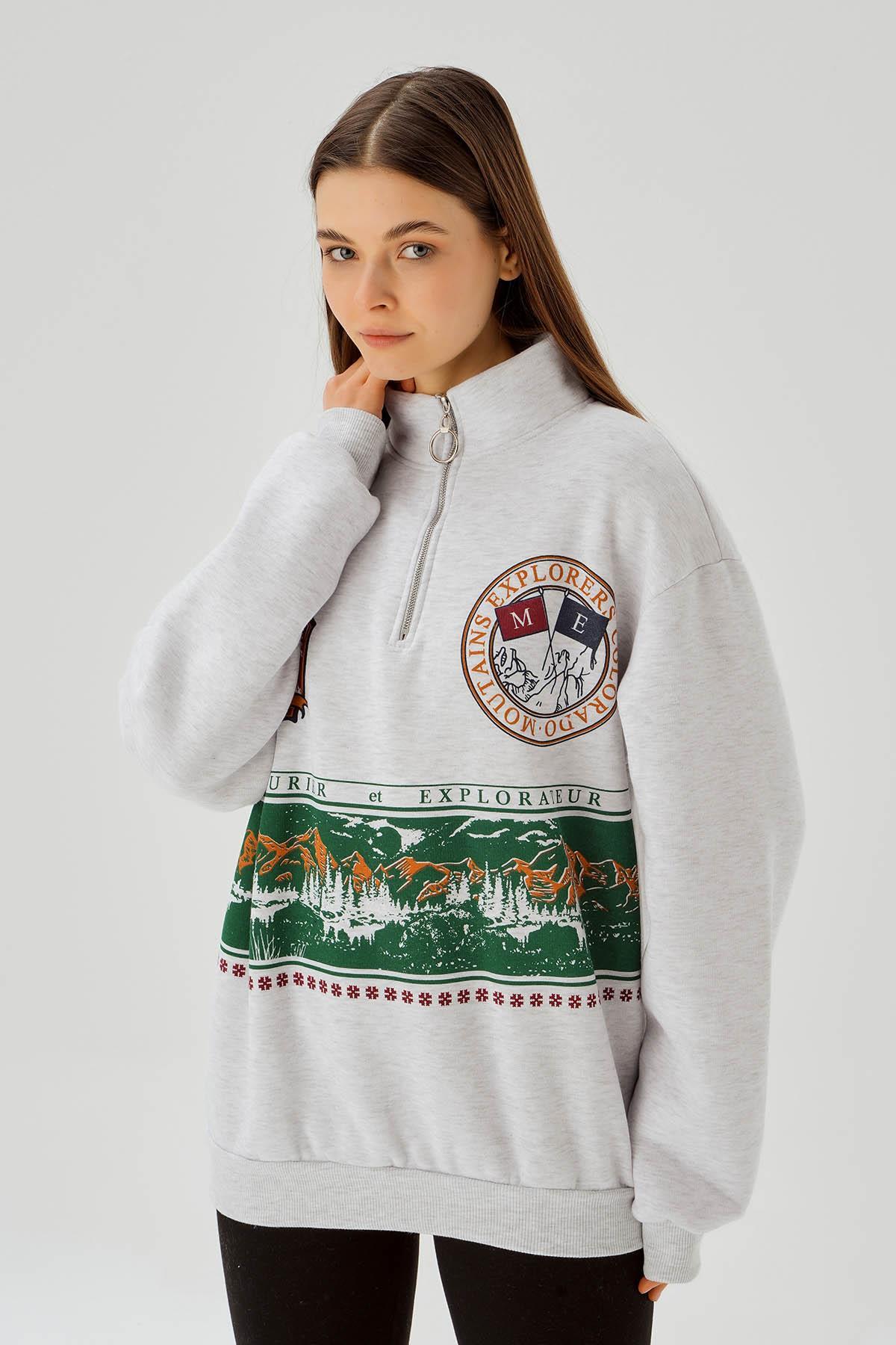 1118 Baskılı Fermuarlı Sweat Gri 