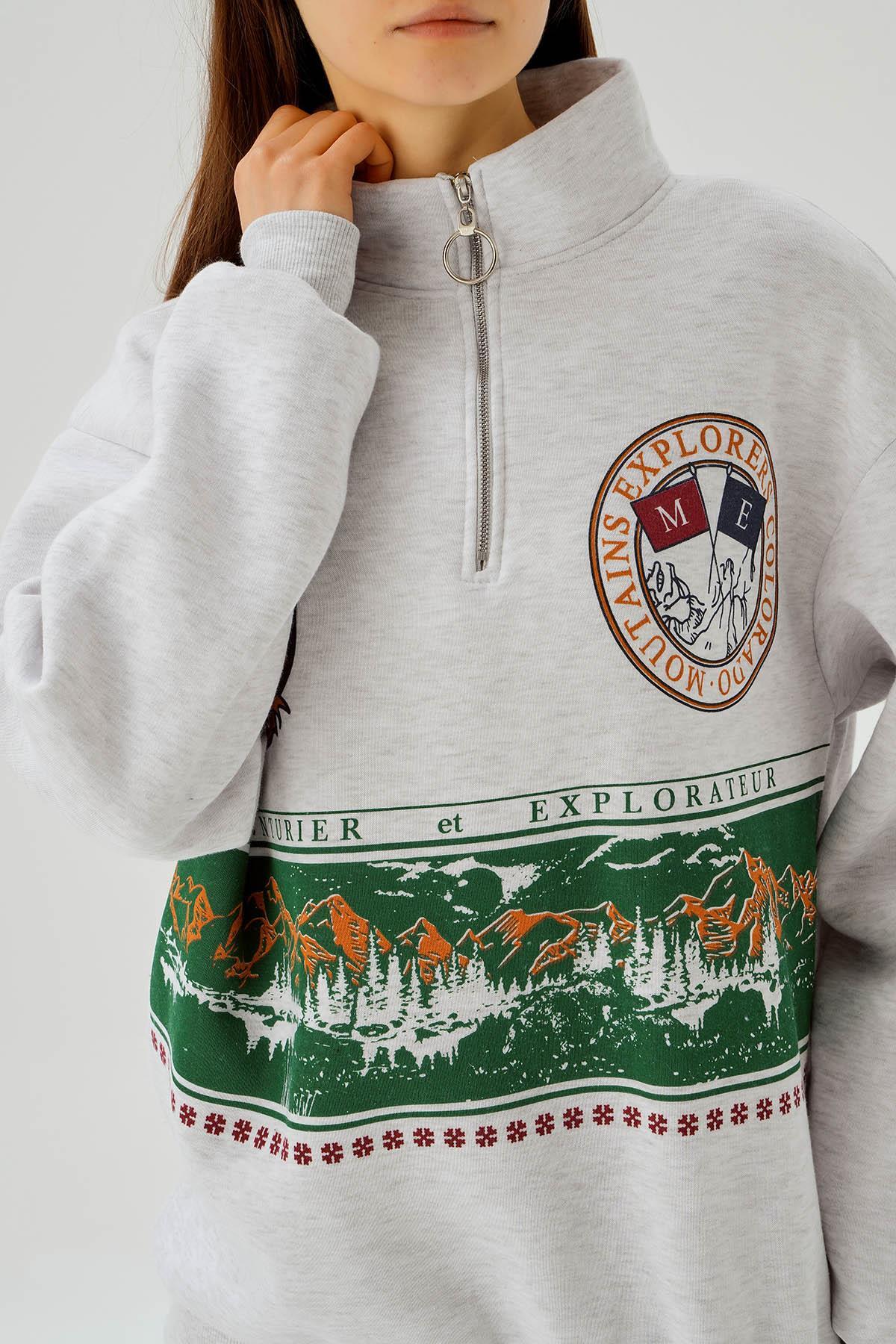 1118 Baskılı Fermuarlı Sweat Gri - 6