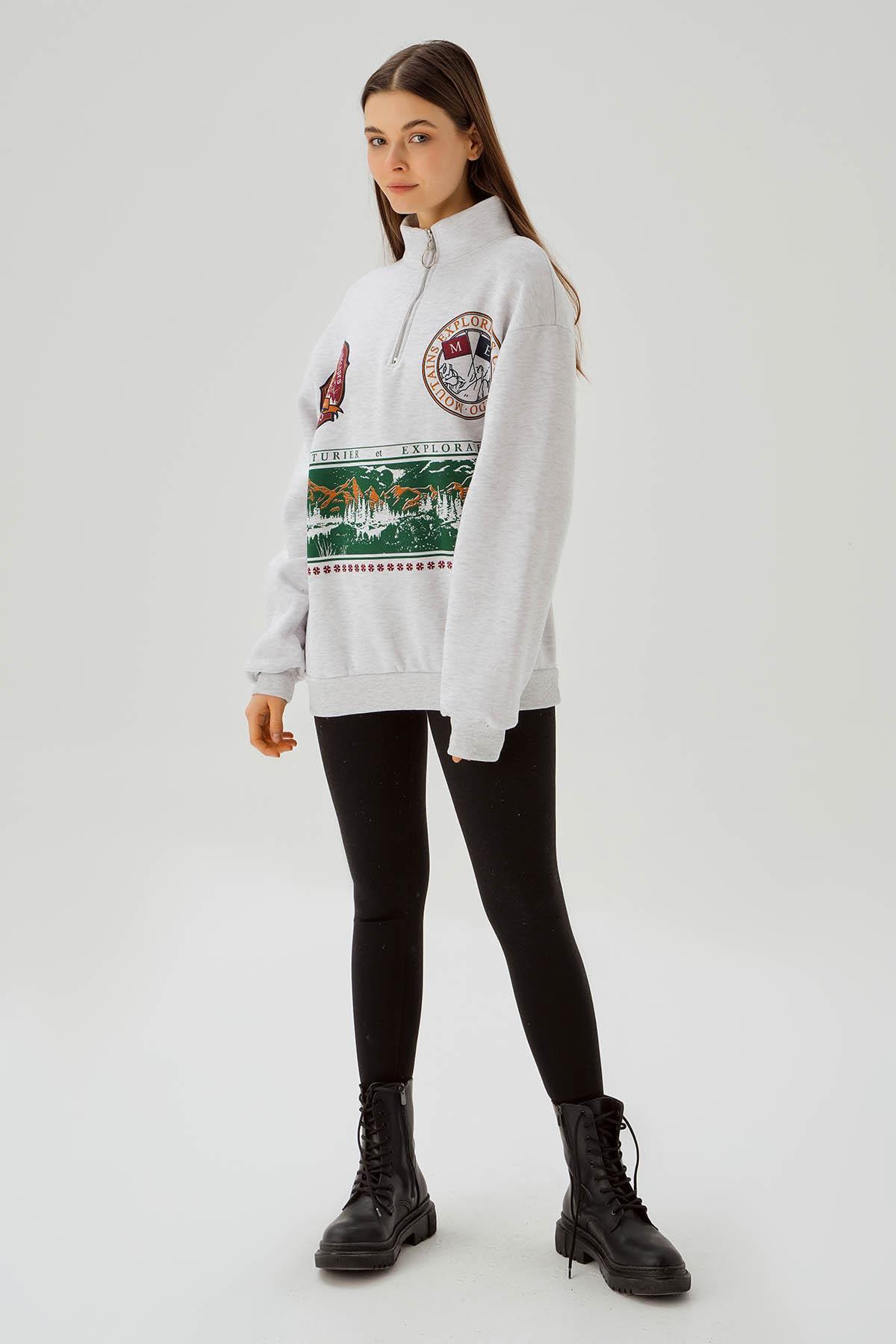 Gri Baskılı Fermuarlı Sweat 1118 - 2