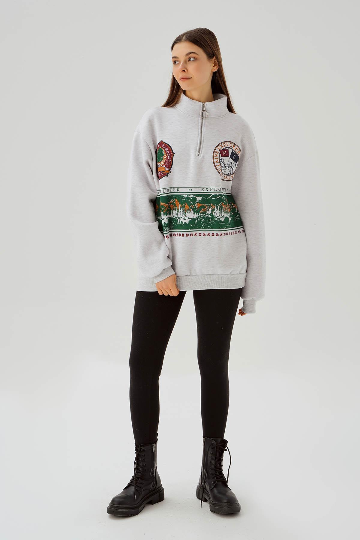 Gri Baskılı Fermuarlı Sweat 1118 - 3
