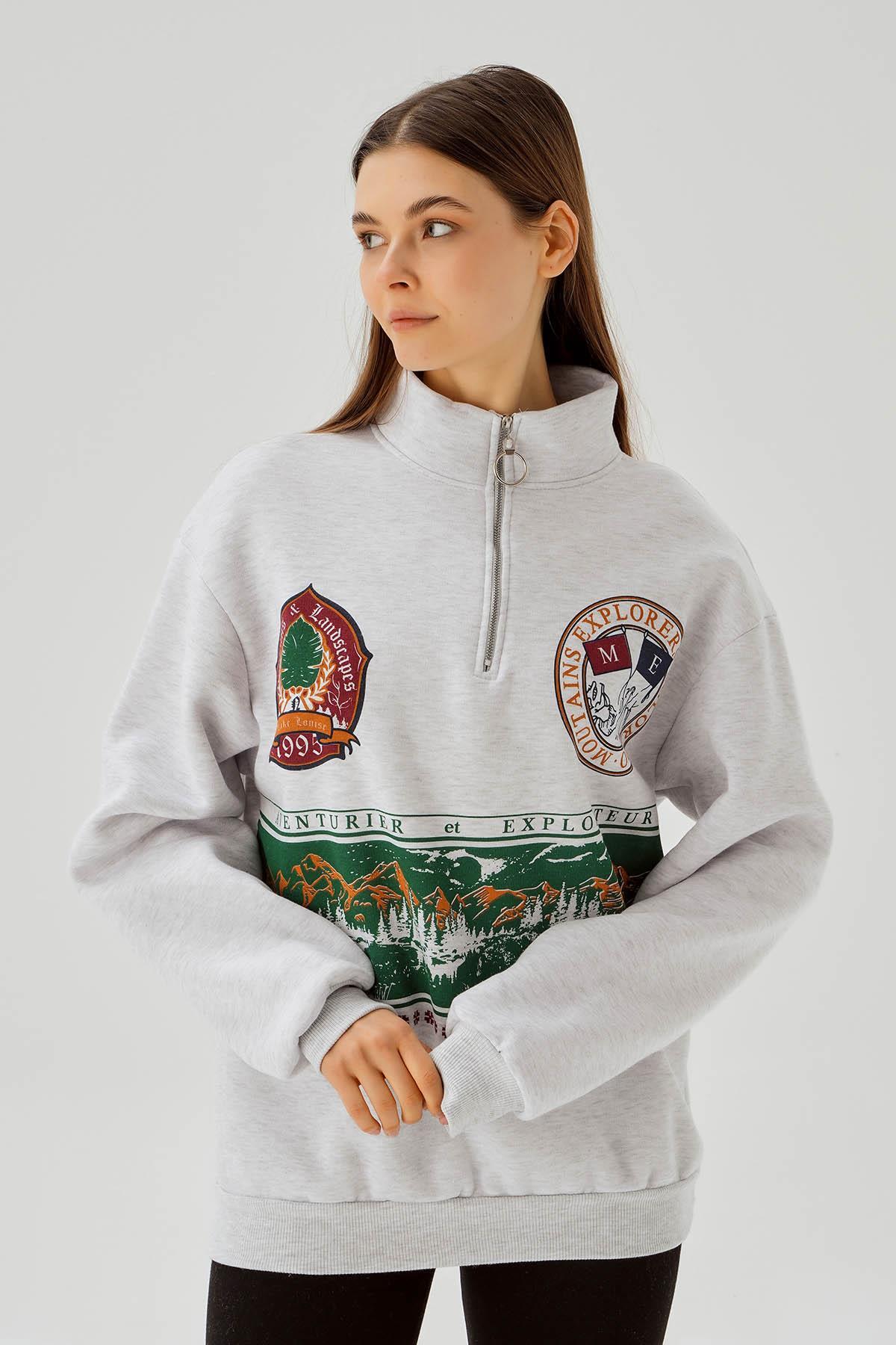 Gri Baskılı Fermuarlı Sweat 1118 - 4