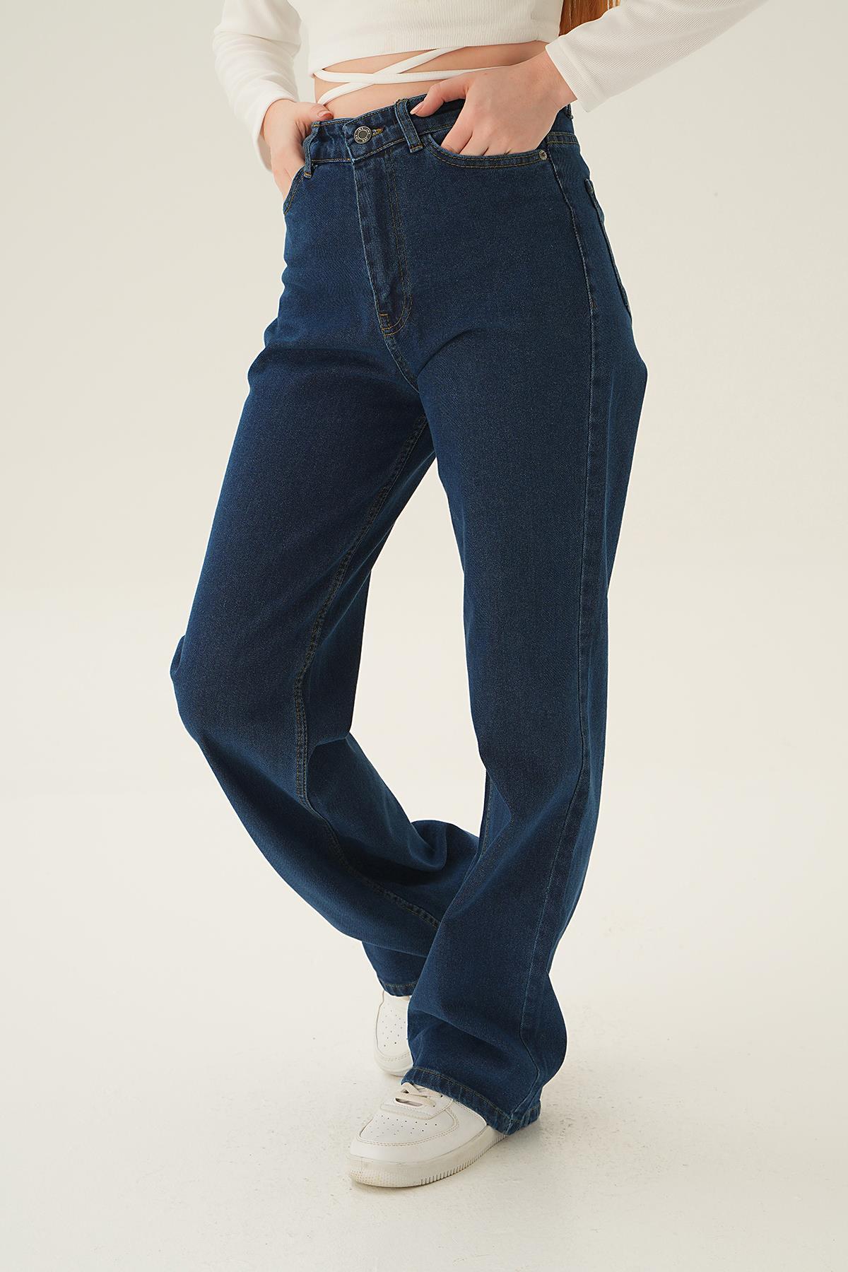 Koyu Mavi Yüksek Bel Bol Paça Jean 11201 - 1