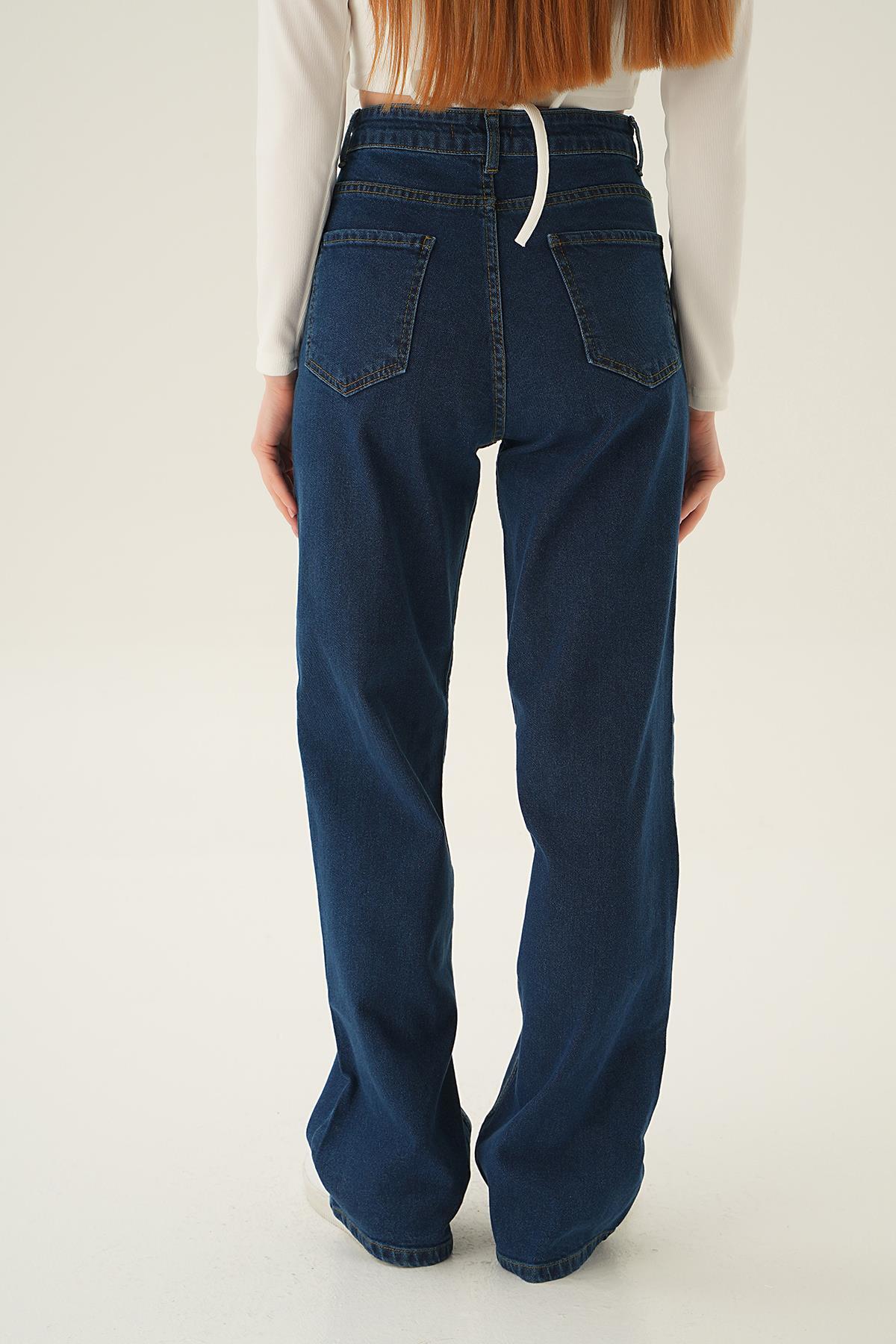 Koyu Mavi Yüksek Bel Bol Paça Jean 11201 - 3