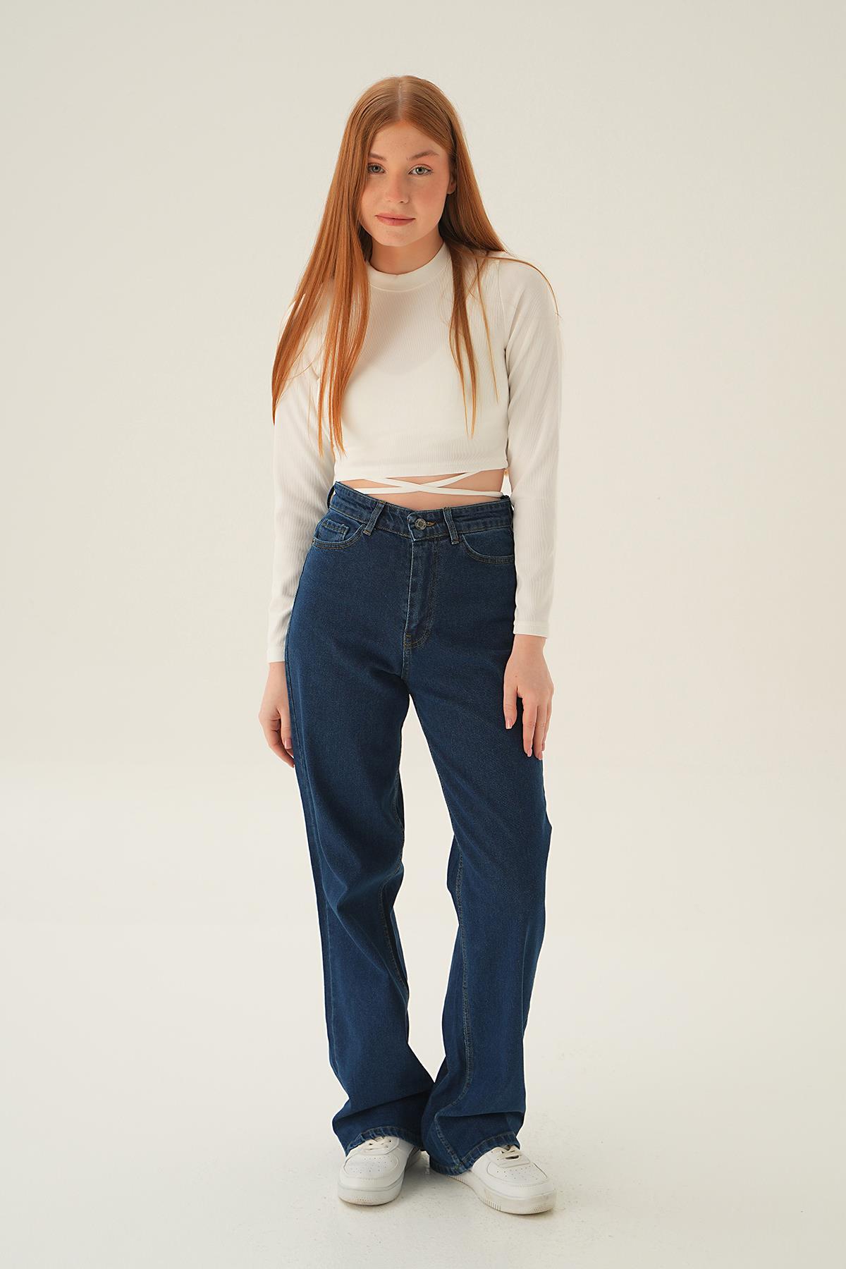 Koyu Mavi Yüksek Bel Bol Paça Jean 11201 - 6