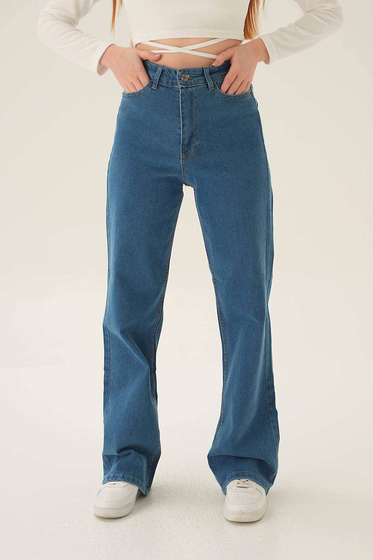 Mavi Yüksek Bel Bol Paça Jean 11201 - 4