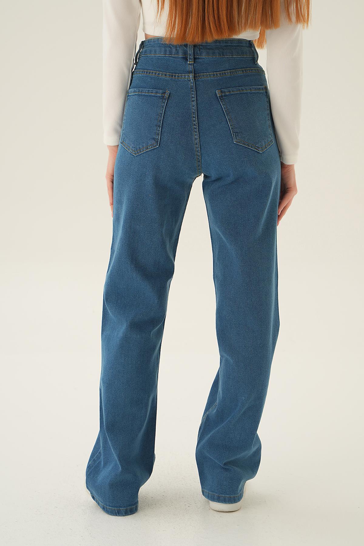 Mavi Yüksek Bel Bol Paça Jean 11201 - 5