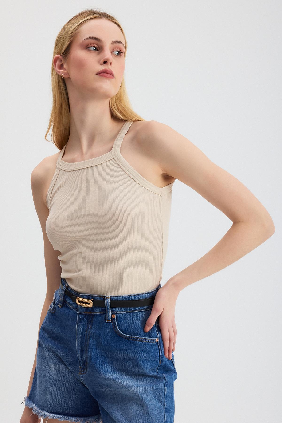Bej -1121 Sıfır Kol Fitilli Halter Yaka Basic Atlet - 1