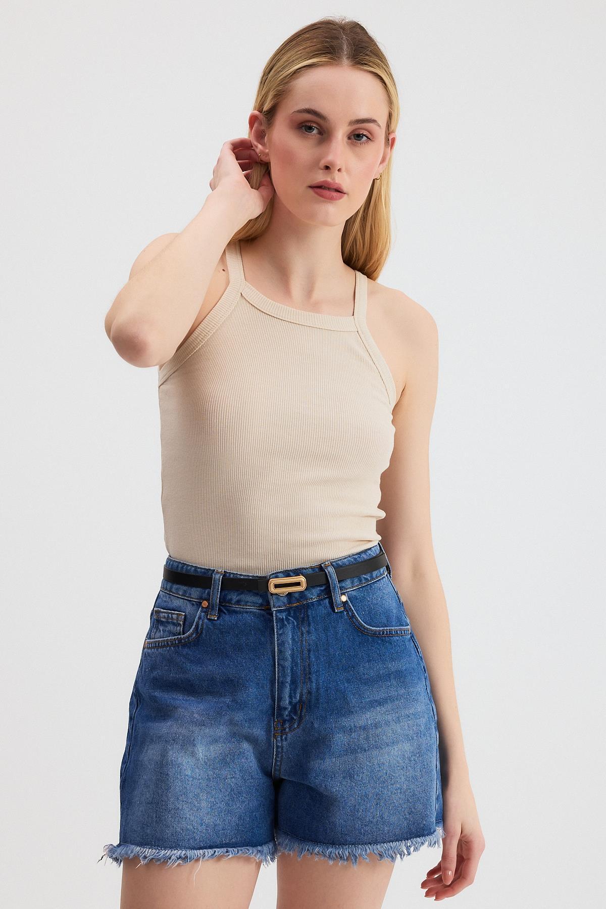 Bej -1121 Sıfır Kol Fitilli Halter Yaka Basic Atlet - 2