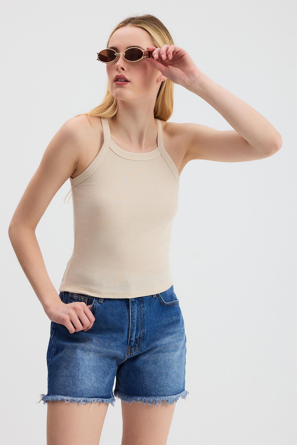 Bej -1121 Sıfır Kol Fitilli Halter Yaka Basic Atlet - 3