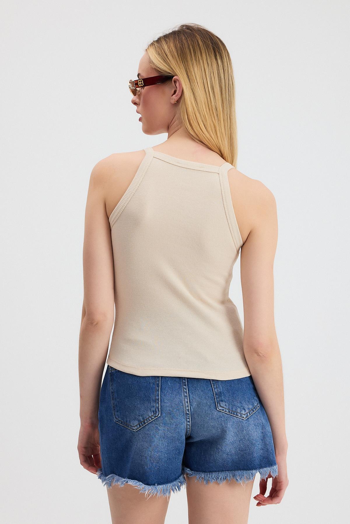 Bej -1121 Sıfır Kol Fitilli Halter Yaka Basic Atlet - 5