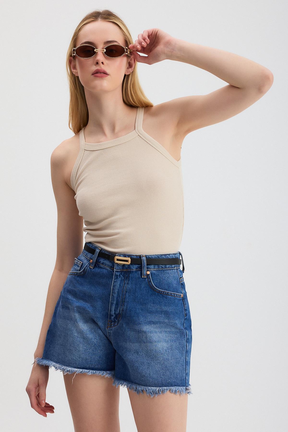 Bej -1121 Sıfır Kol Fitilli Halter Yaka Basic Atlet - 6