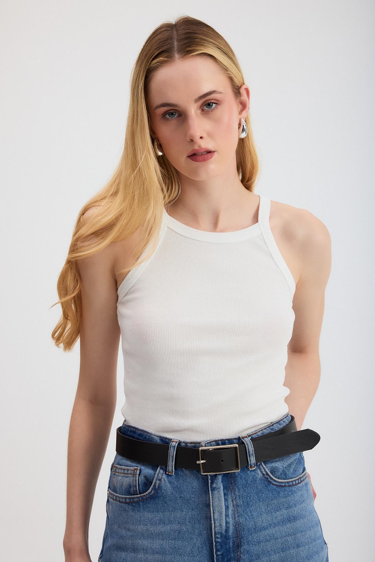 Beyaz -1121 Sıfır Kol Fitilli Halter Yaka Basic Atlet - 1