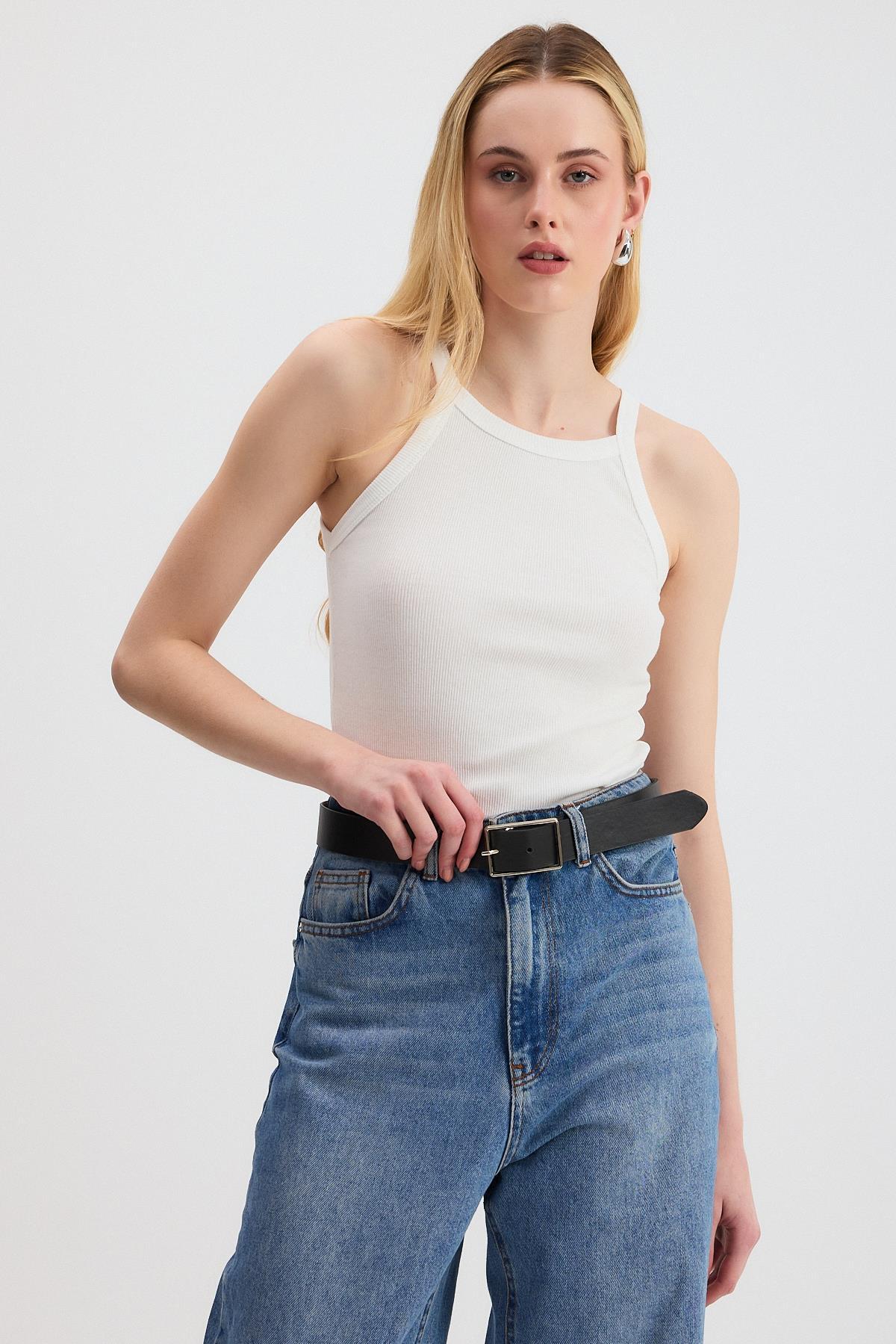 Beyaz -1121 Sıfır Kol Fitilli Halter Yaka Basic Atlet - 2