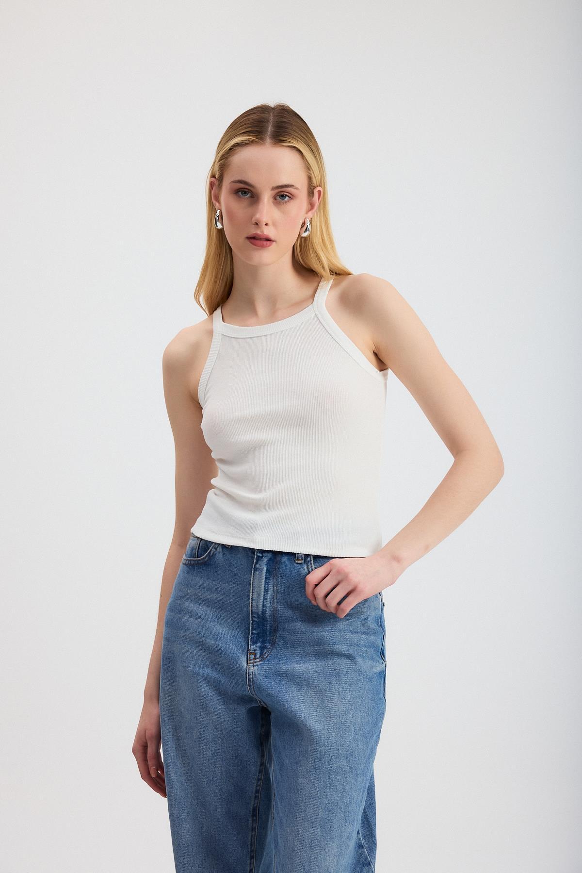 Beyaz -1121 Sıfır Kol Fitilli Halter Yaka Basic Atlet - 6