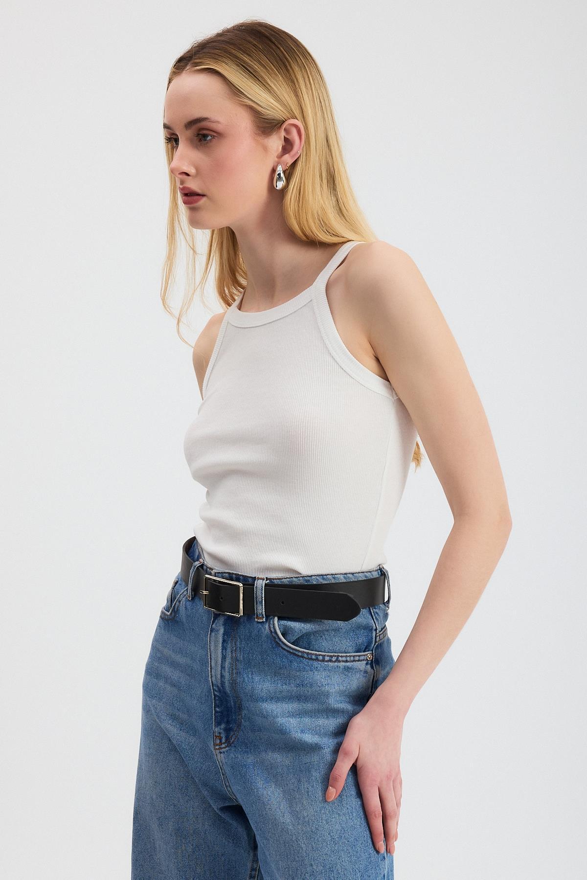 Beyaz -1121 Sıfır Kol Fitilli Halter Yaka Basic Atlet - 8