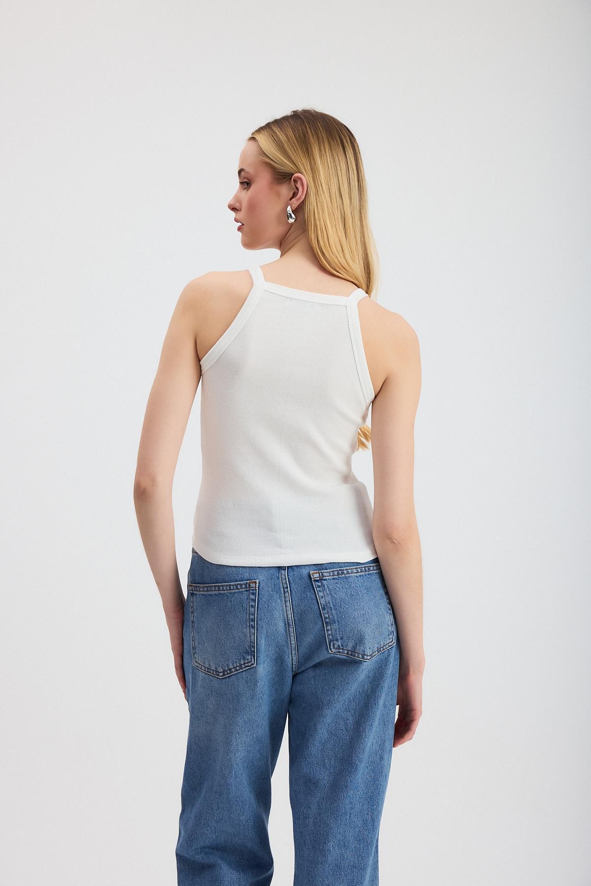 Beyaz -1121 Sıfır Kol Fitilli Halter Yaka Basic Atlet - 5