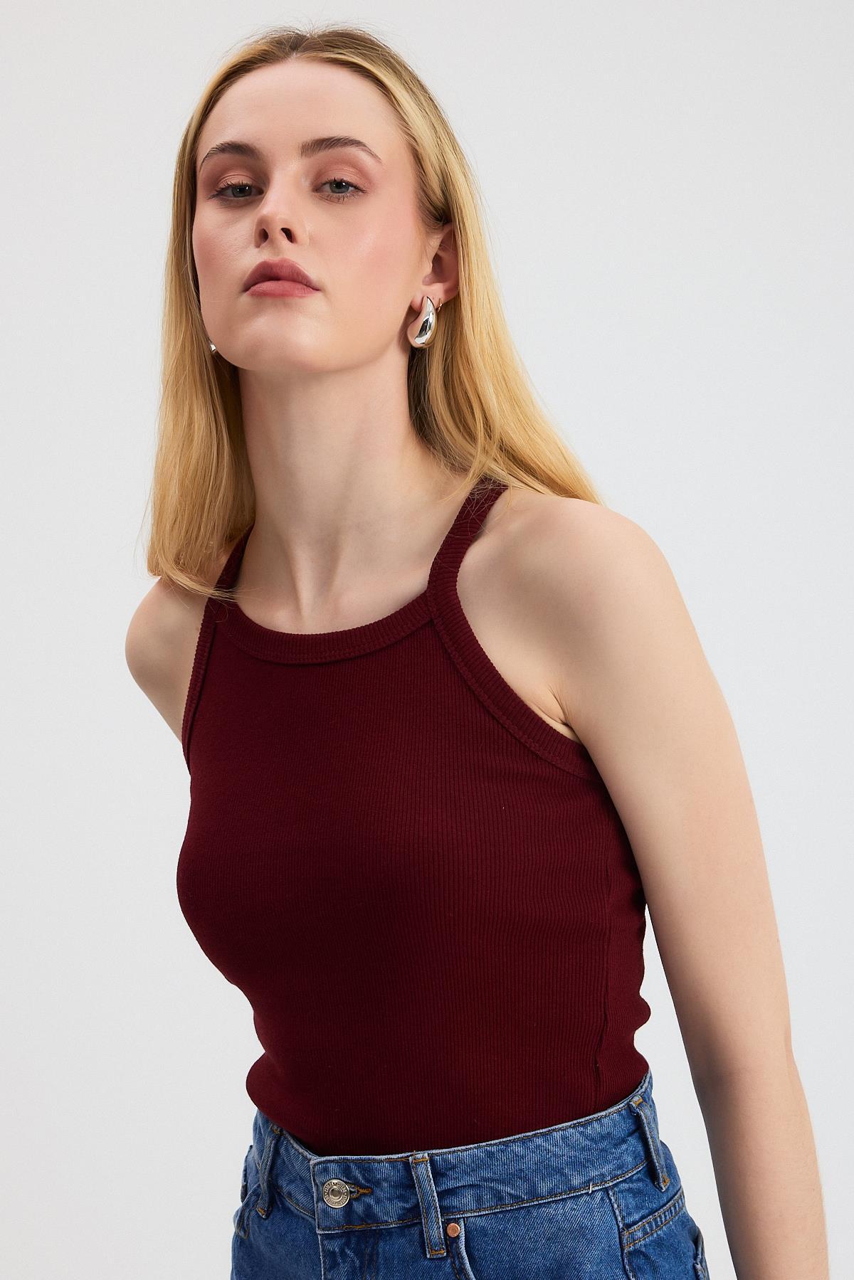 Bordo -1121 Sıfır Kol Fitilli Halter Yaka Basic Atlet 
