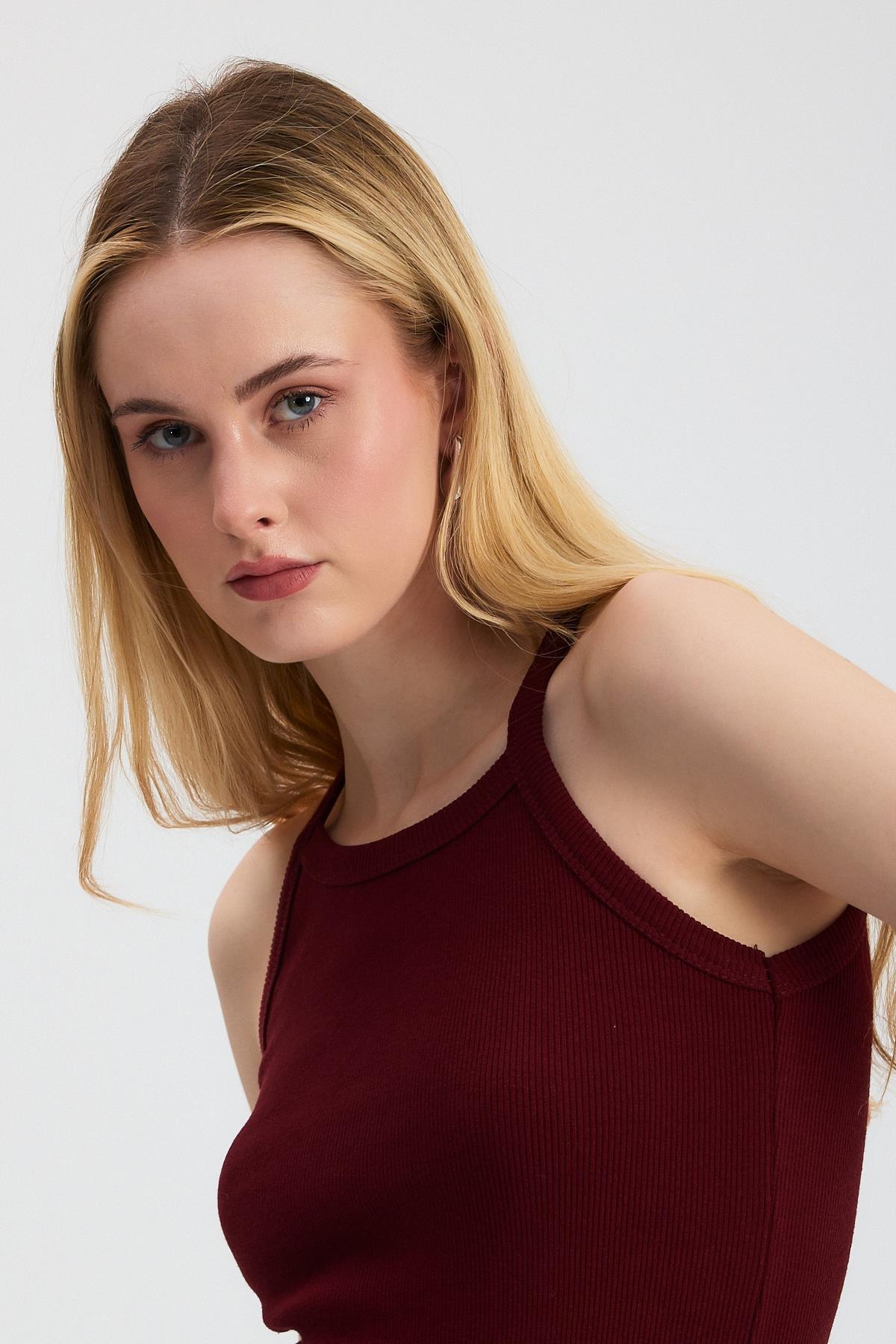 Bordo -1121 Sıfır Kol Fitilli Halter Yaka Basic Atlet - 4