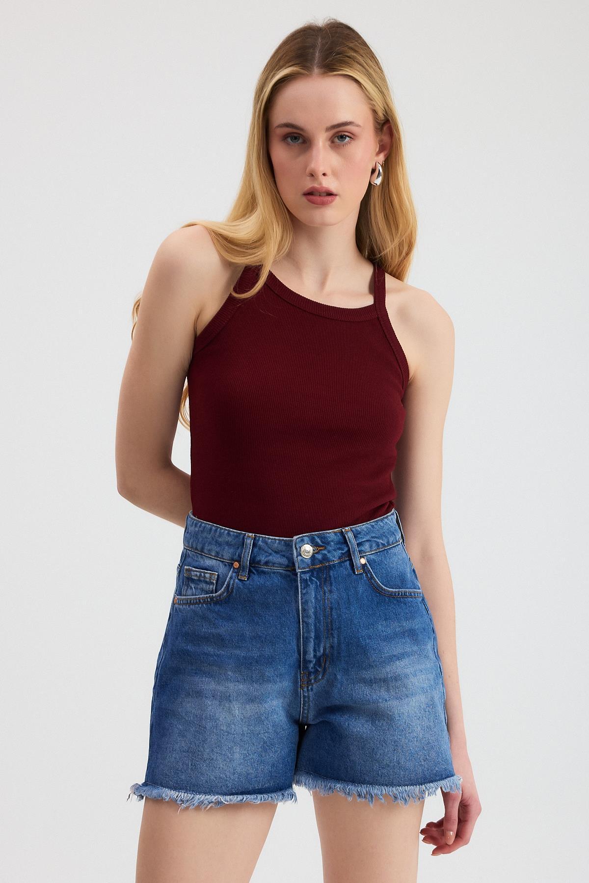 Bordo -1121 Sıfır Kol Fitilli Halter Yaka Basic Atlet - 2