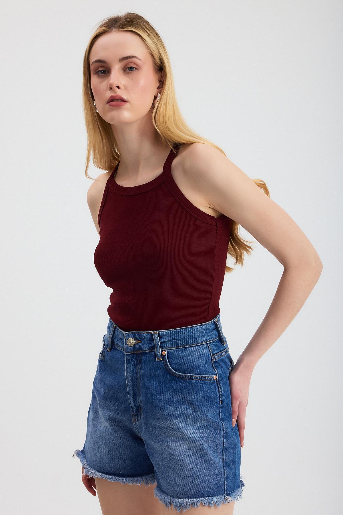 Bordo -1121 Sıfır Kol Fitilli Halter Yaka Basic Atlet - 8