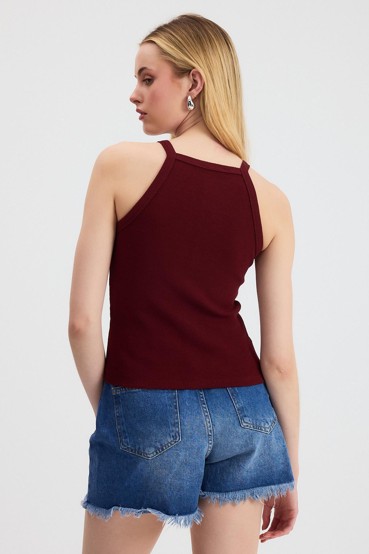 Bordo -1121 Sıfır Kol Fitilli Halter Yaka Basic Atlet - 5