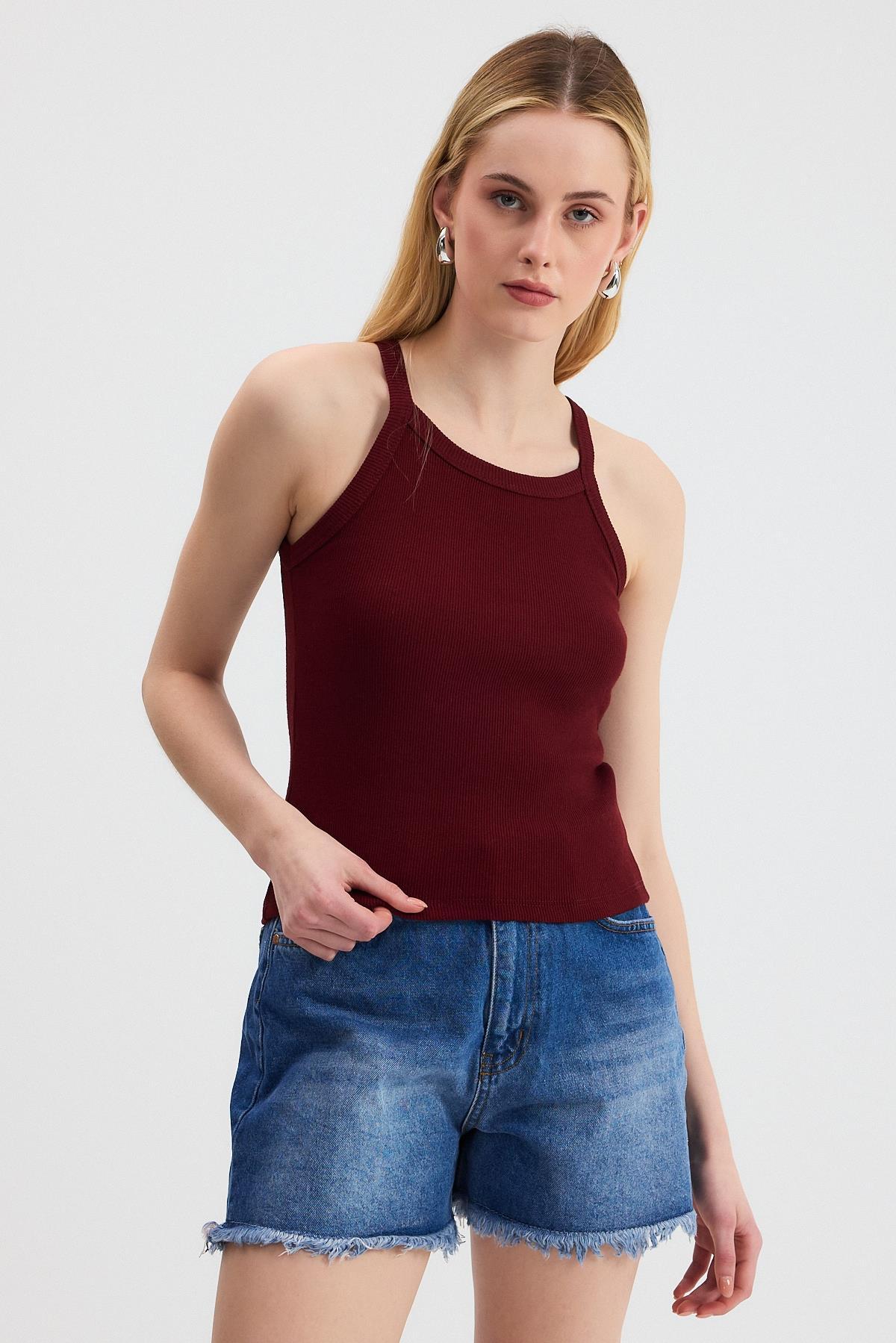 Bordo -1121 Sıfır Kol Fitilli Halter Yaka Basic Atlet - 3