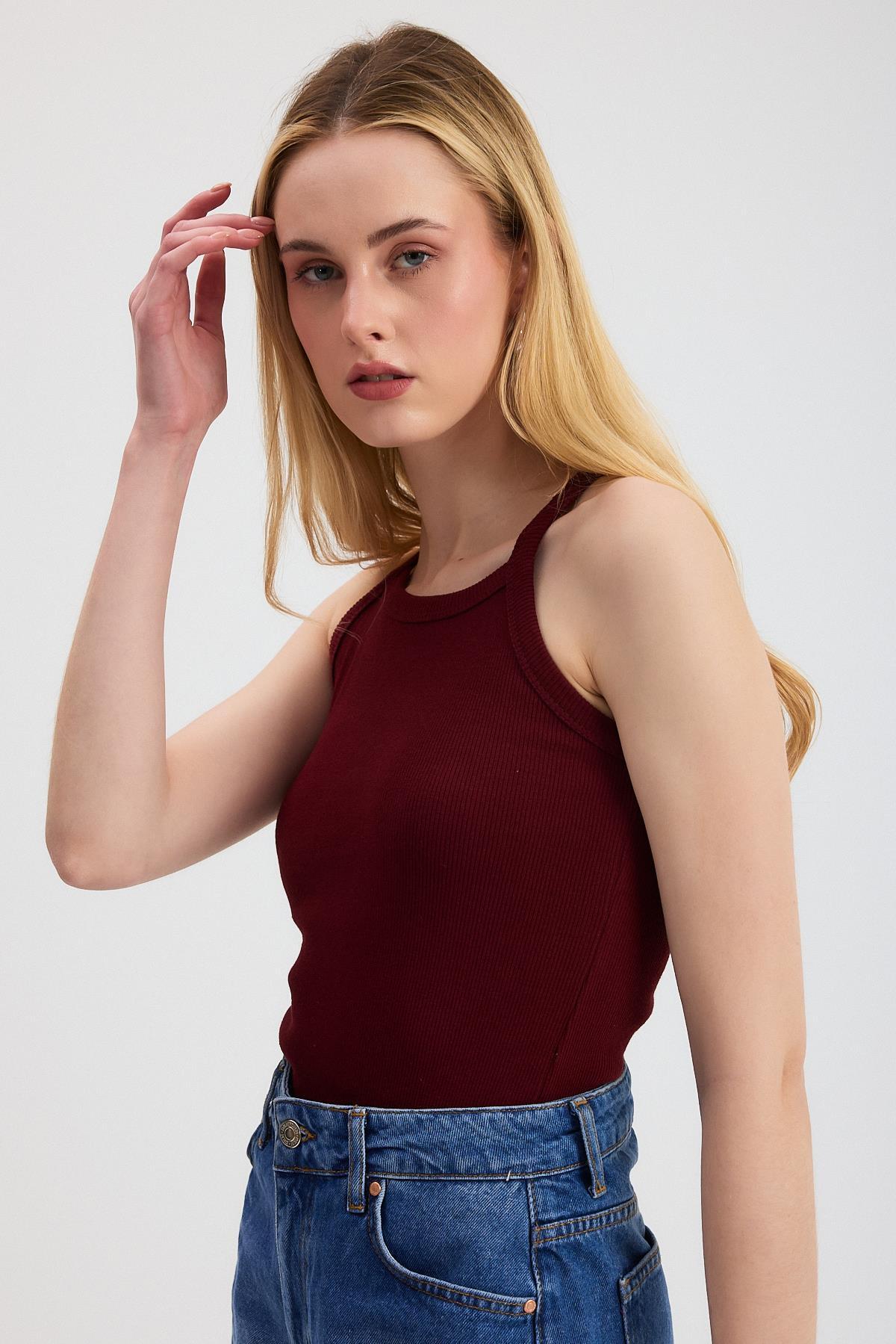 Bordo -1121 Sıfır Kol Fitilli Halter Yaka Basic Atlet - 6