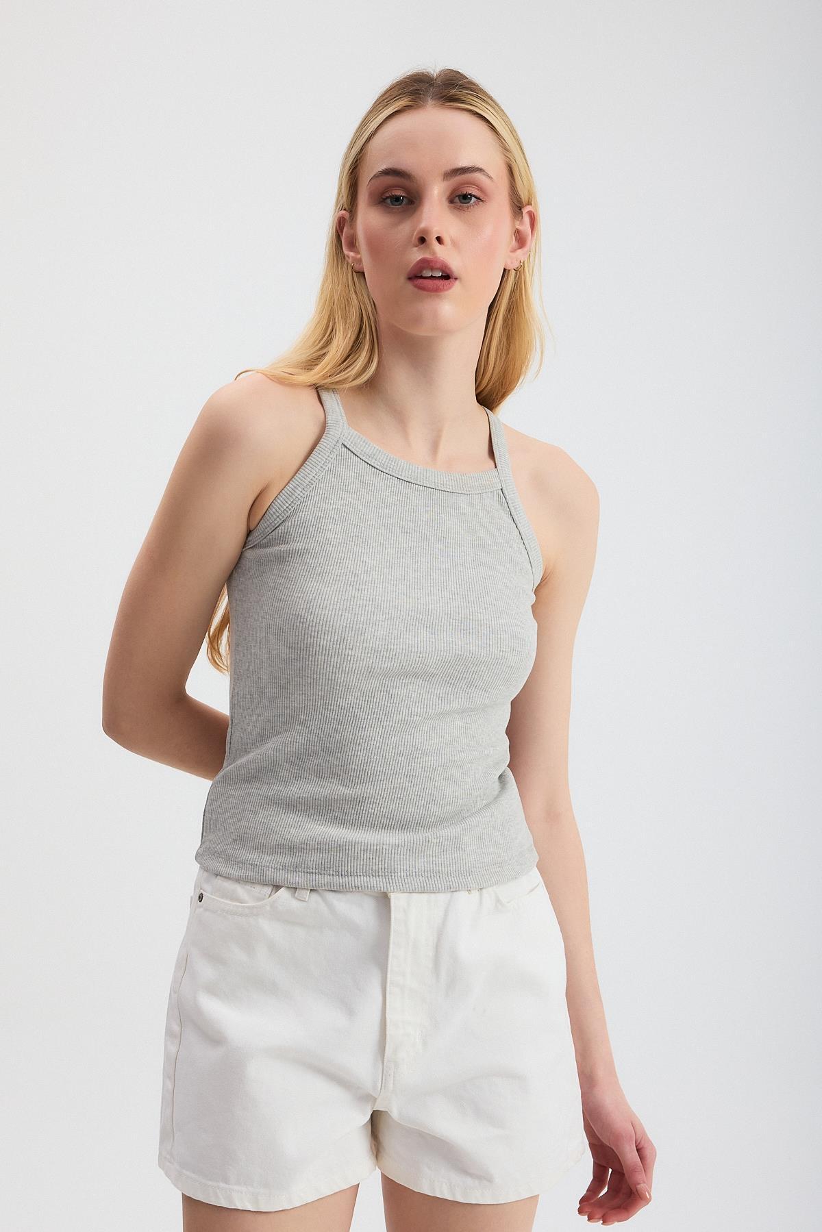 Gri -1121 Sıfır Kol Fitilli Halter Yaka Basic Atlet - 1