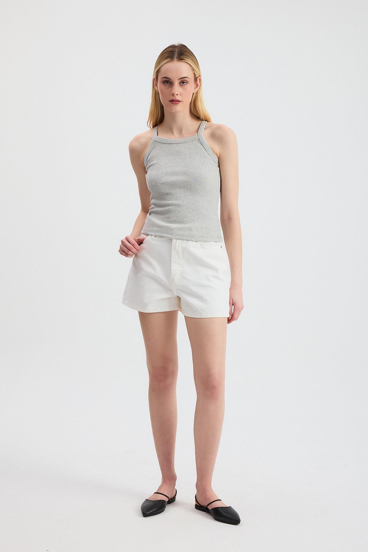 Gri -1121 Sıfır Kol Fitilli Halter Yaka Basic Atlet - 4