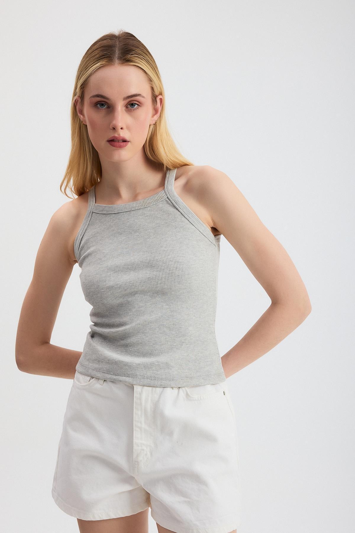 Gri -1121 Sıfır Kol Fitilli Halter Yaka Basic Atlet - 2