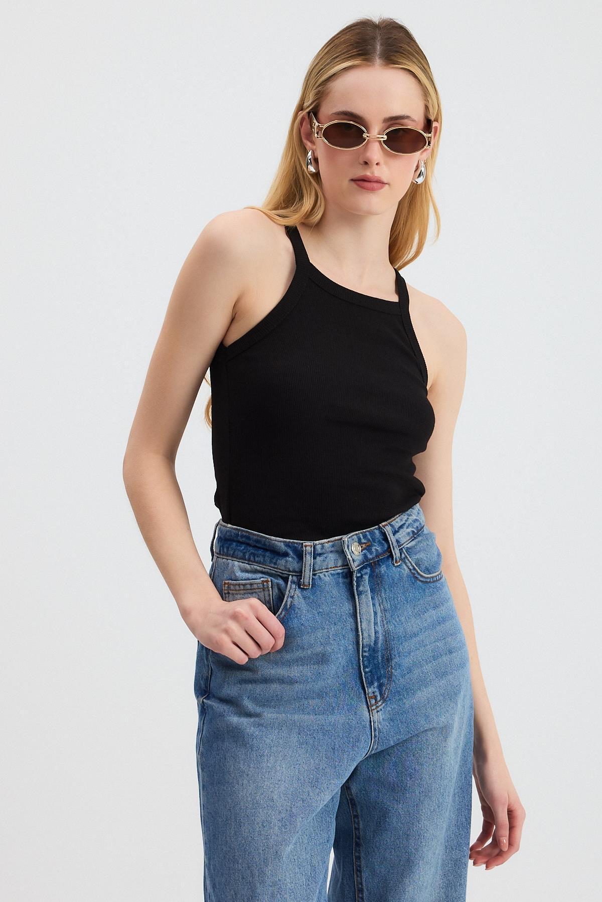 Siyah -1121 Sıfır Kol Fitilli Halter Yaka Basic Atlet - 1