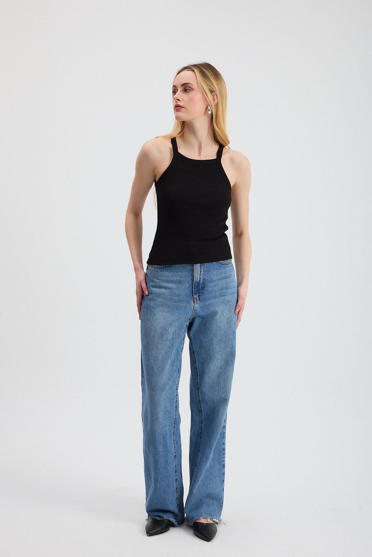 Siyah -1121 Sıfır Kol Fitilli Halter Yaka Basic Atlet - 3