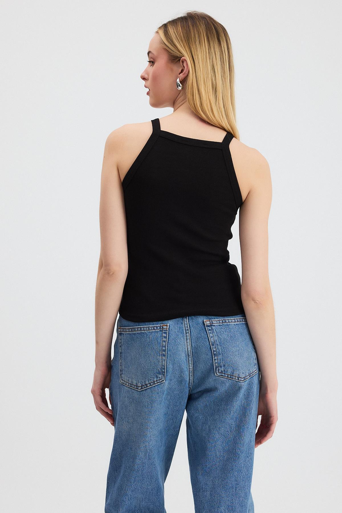 Siyah -1121 Sıfır Kol Fitilli Halter Yaka Basic Atlet - 5