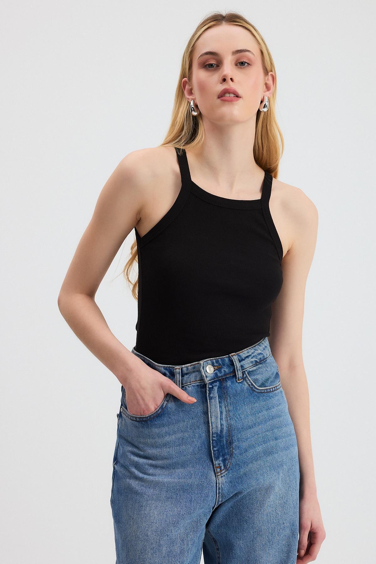 Siyah -1121 Sıfır Kol Fitilli Halter Yaka Basic Atlet - 6