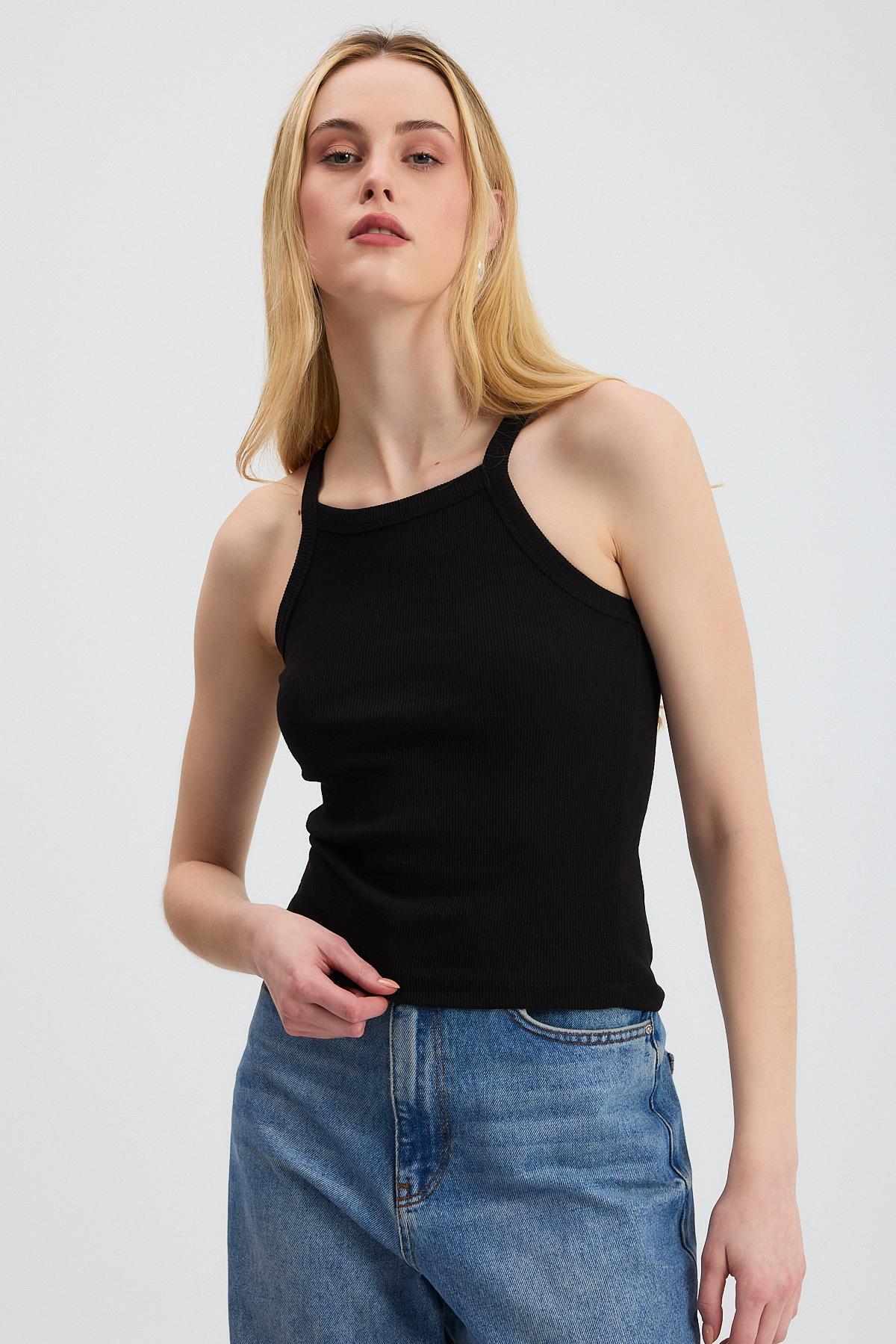 Siyah -1121 Sıfır Kol Fitilli Halter Yaka Basic Atlet - RAYS