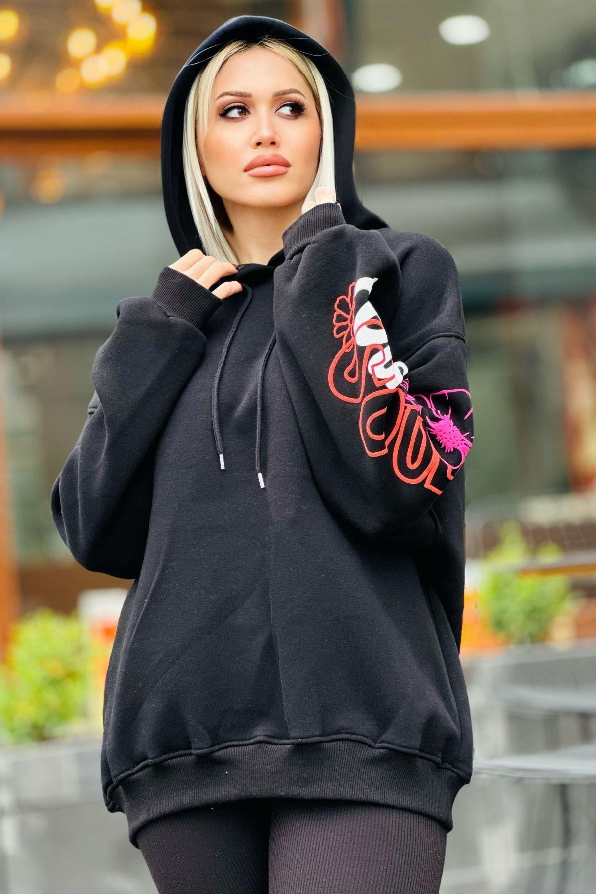Siyah Kol Baskı Detay Sweat 1150 - 5