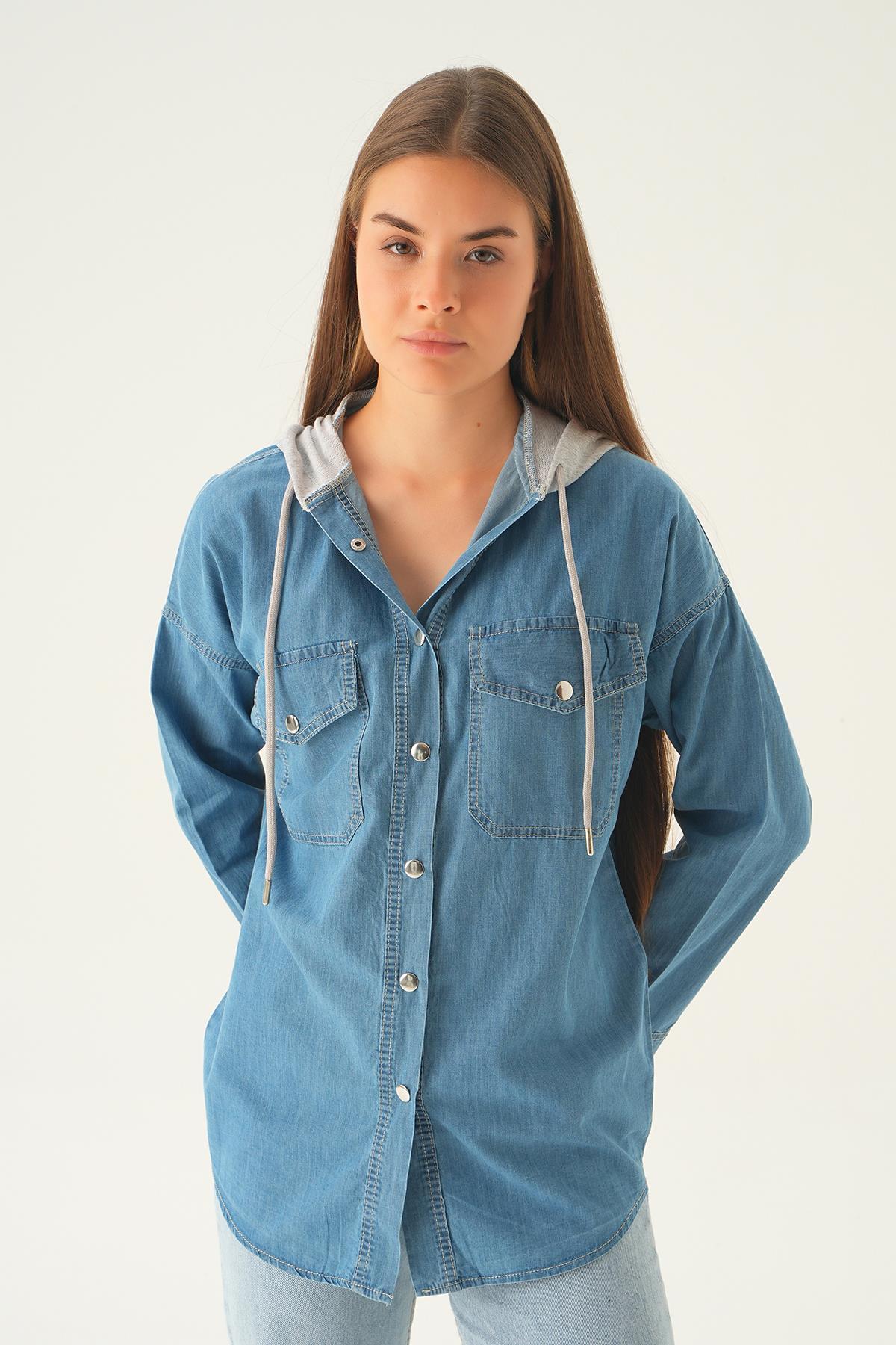 Açık Mavi Kapüşonlu Kot Gömlek 1158 - 3