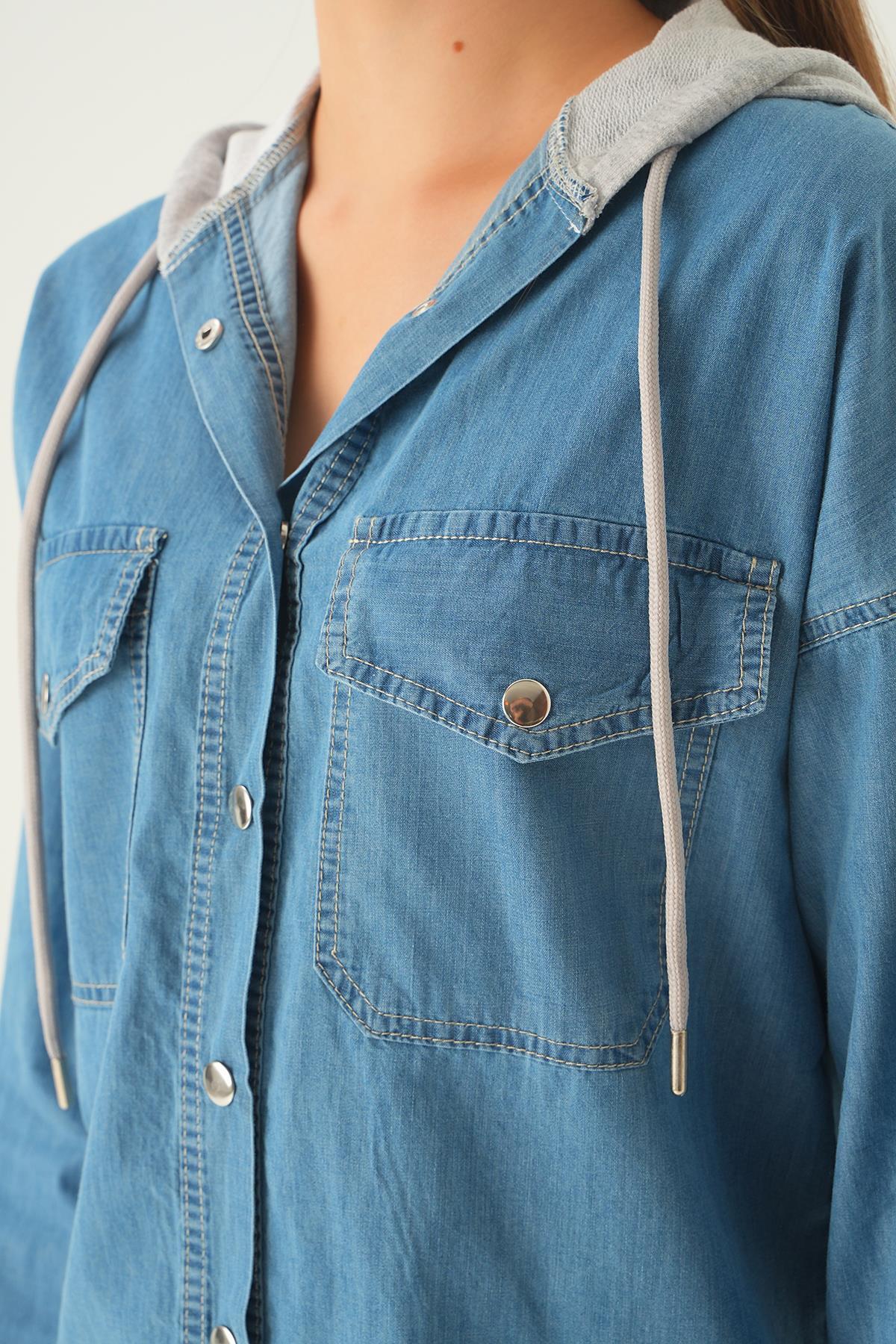 Açık Mavi Kapüşonlu Kot Gömlek 1158 - 6