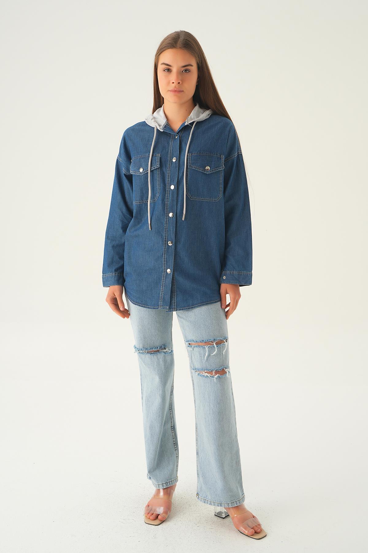 1158 Kapüşonlu Kot Gömlek Koyu Mavi 