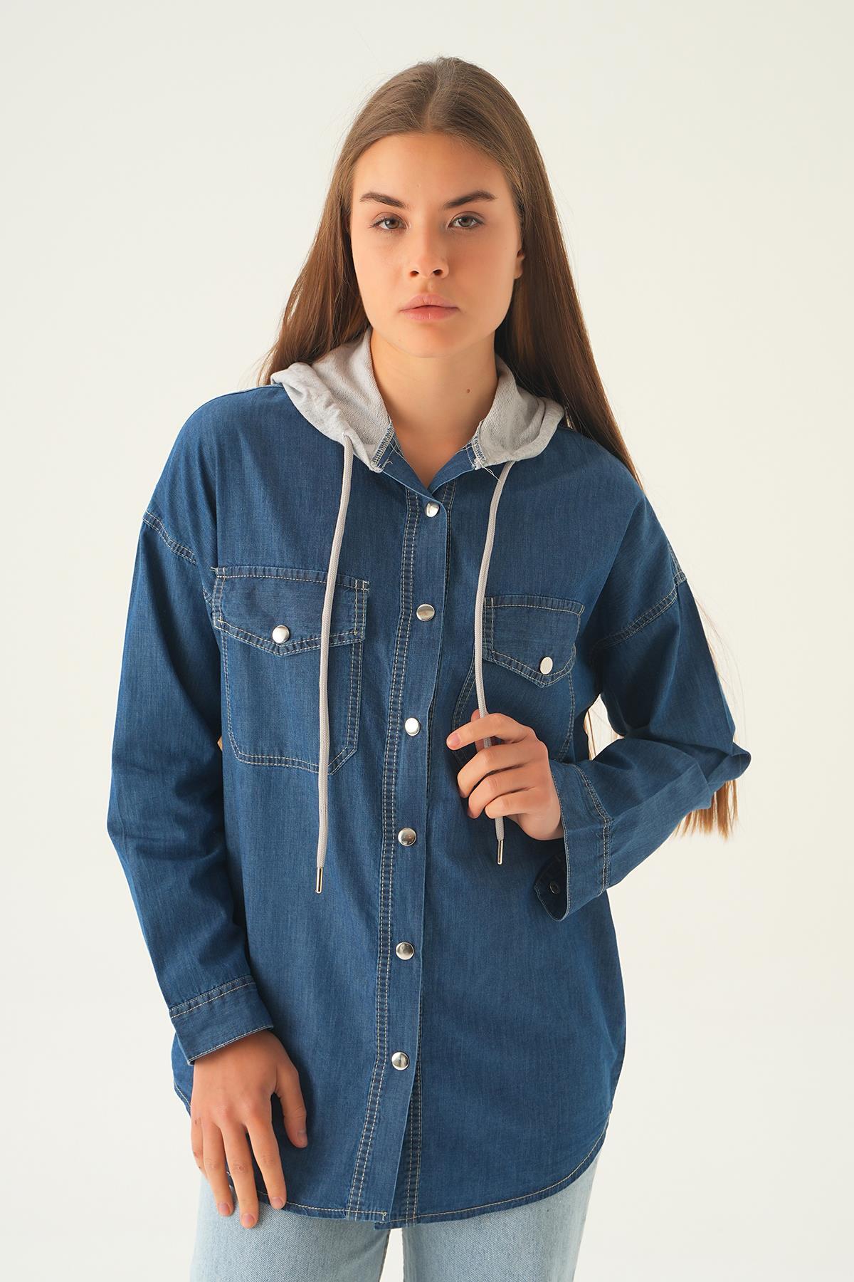 Koyu Mavi Kapüşonlu Kot Gömlek 1158 - 2