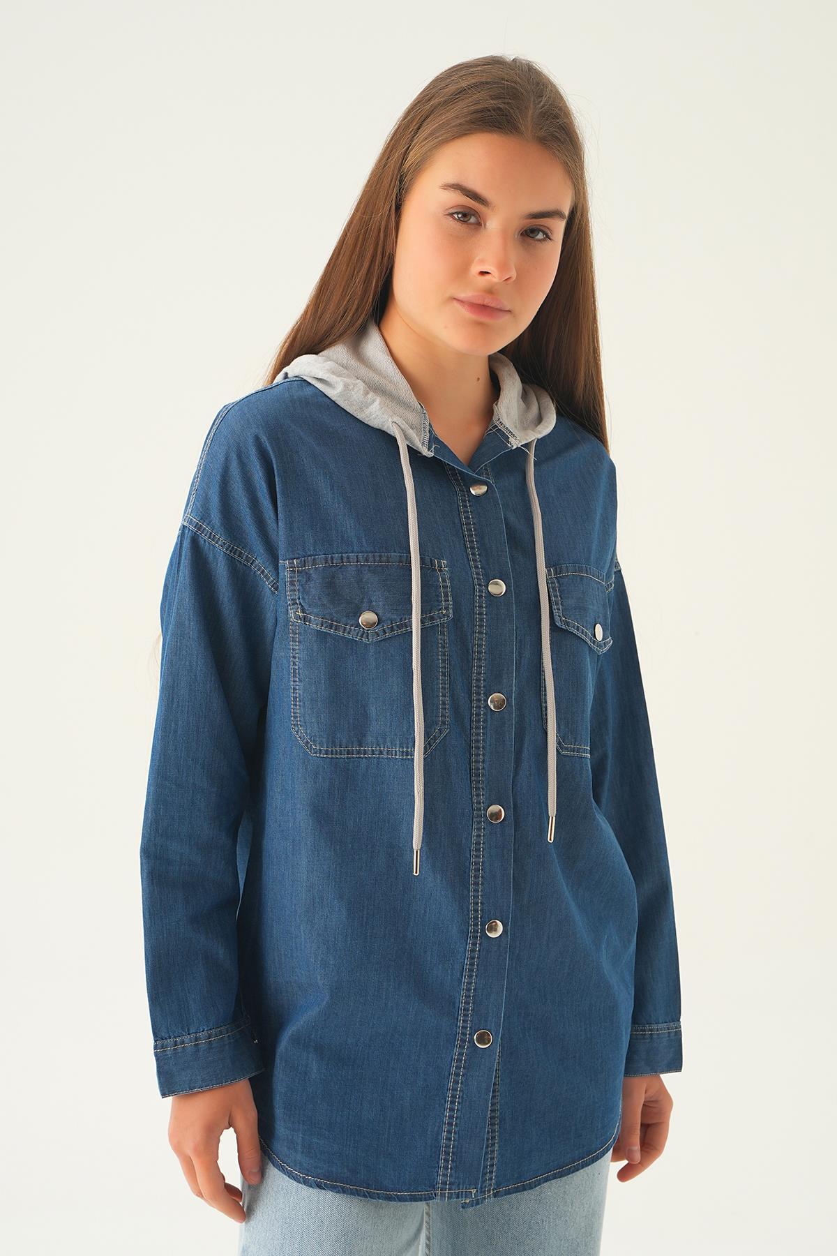 Koyu Mavi Kapüşonlu Kot Gömlek 1158 - 3