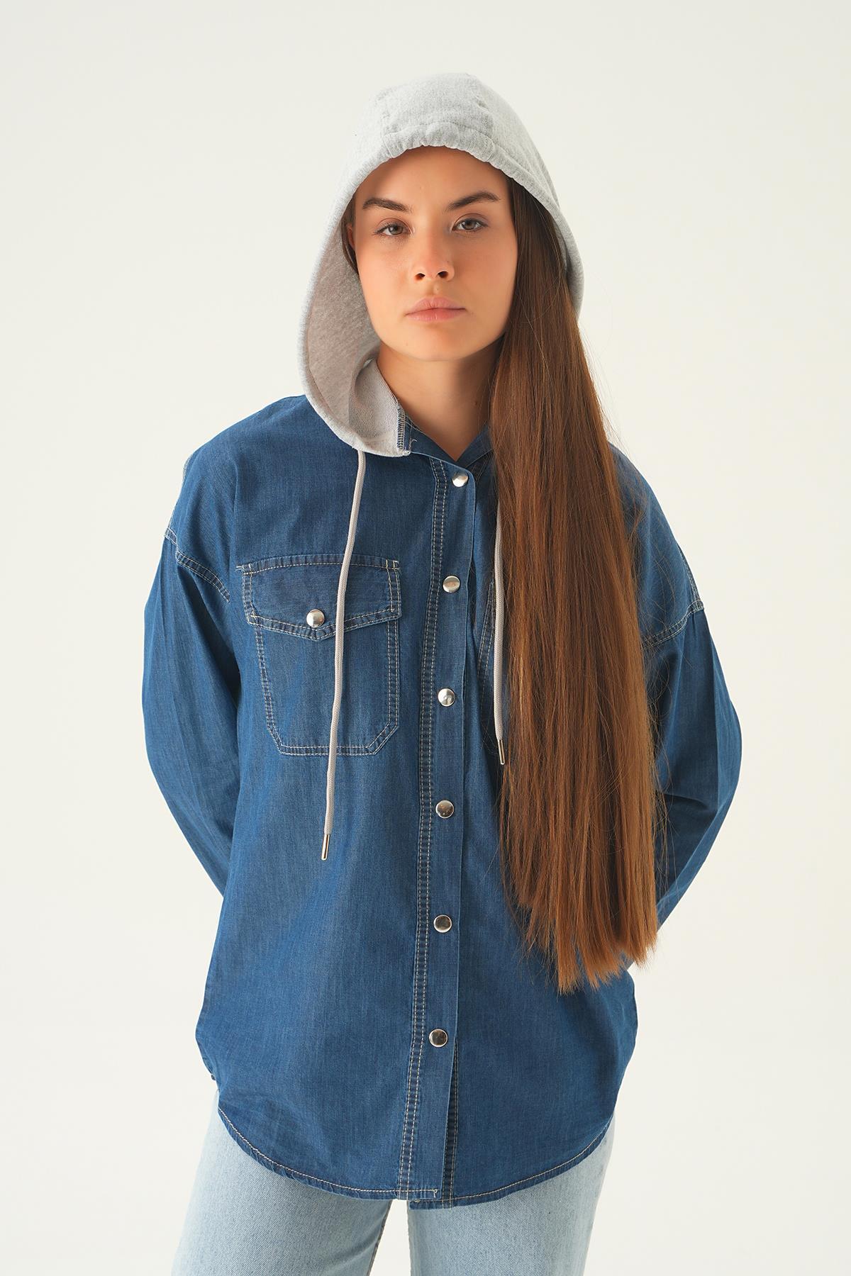 Koyu Mavi Kapüşonlu Kot Gömlek 1158 - 4