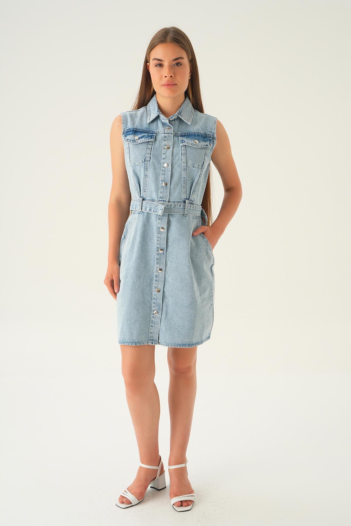 1164 Kolsuz Kot Elbise Mavi - 2