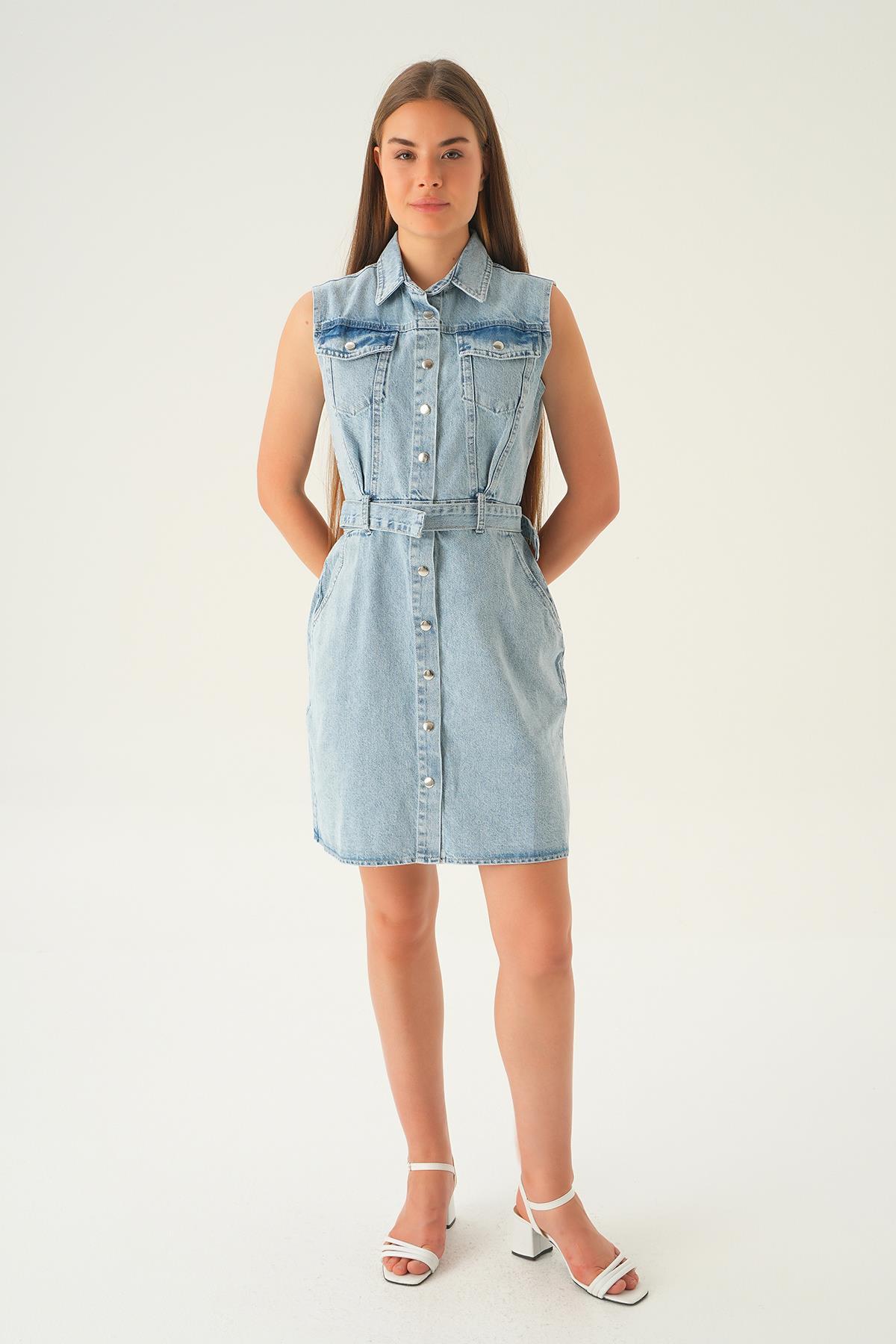 1164 Kolsuz Kot Elbise Mavi - 3