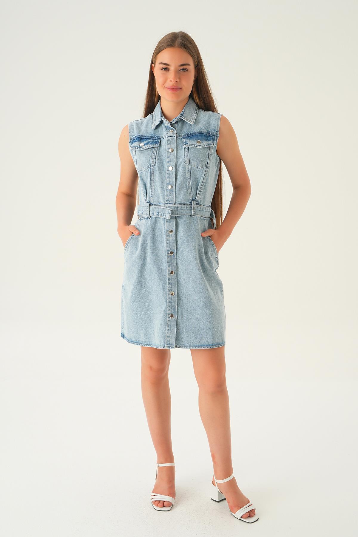 Mavi Kolsuz Kot Elbise 1164 - 4