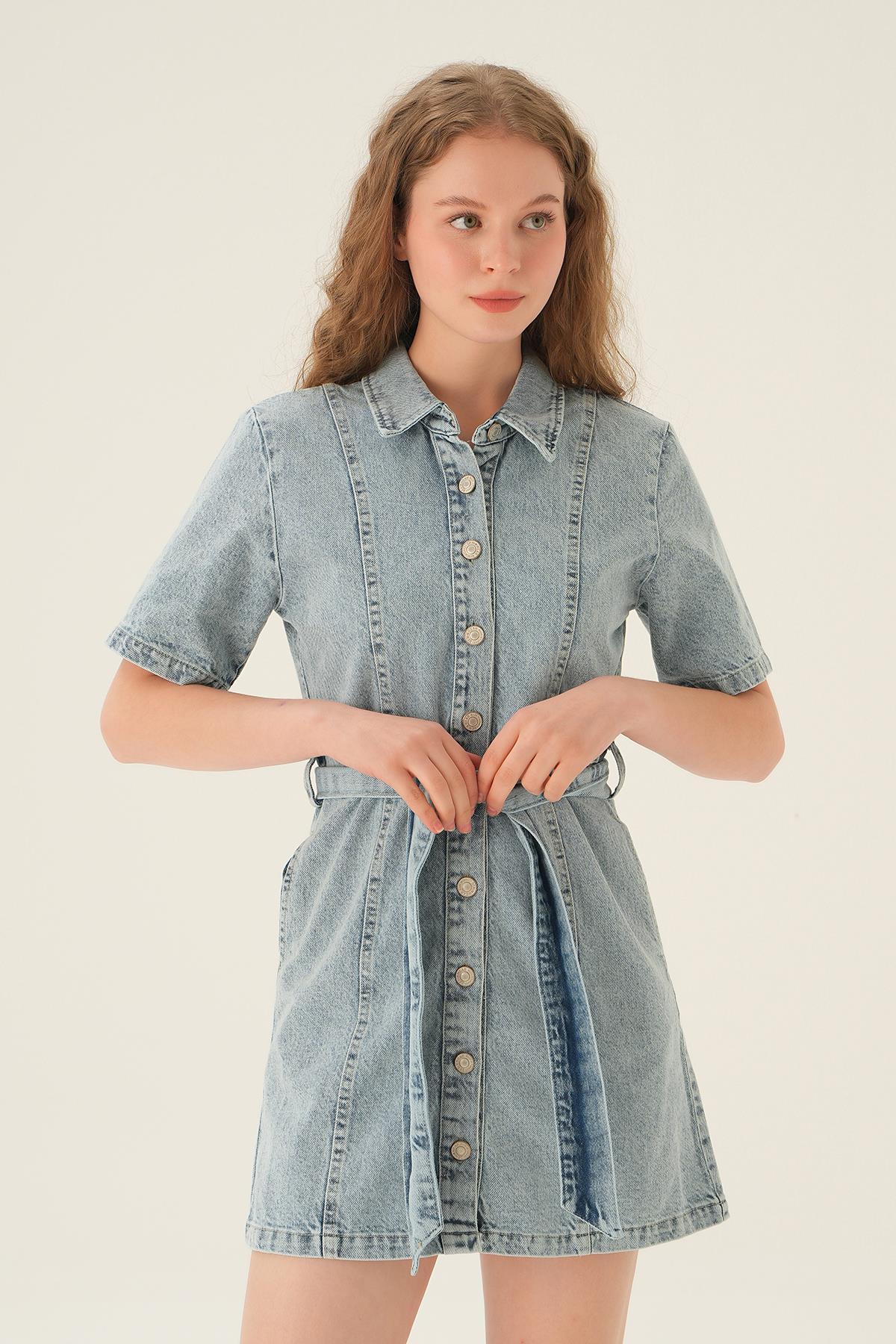 1165 Kemerli Kot Elbise Mavi - 2