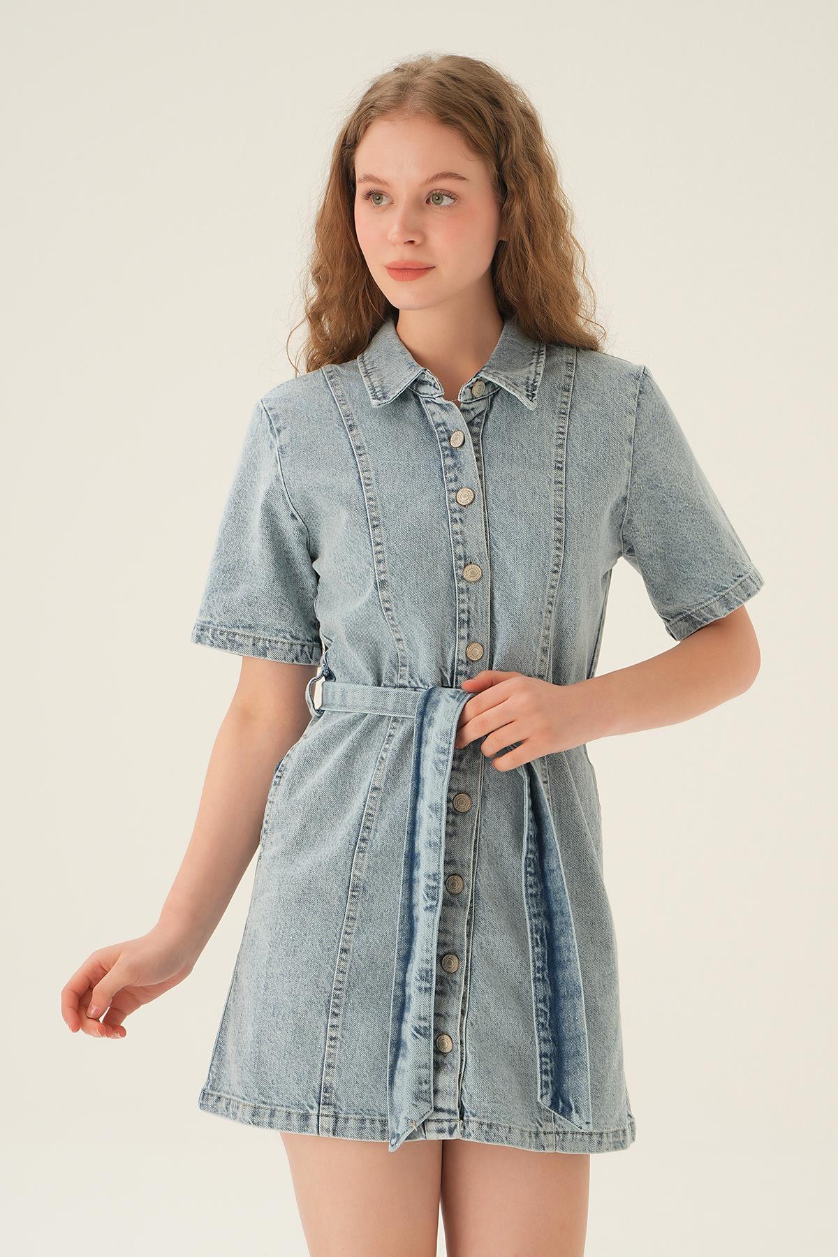 1165 Kemerli Kot Elbise Mavi - 3