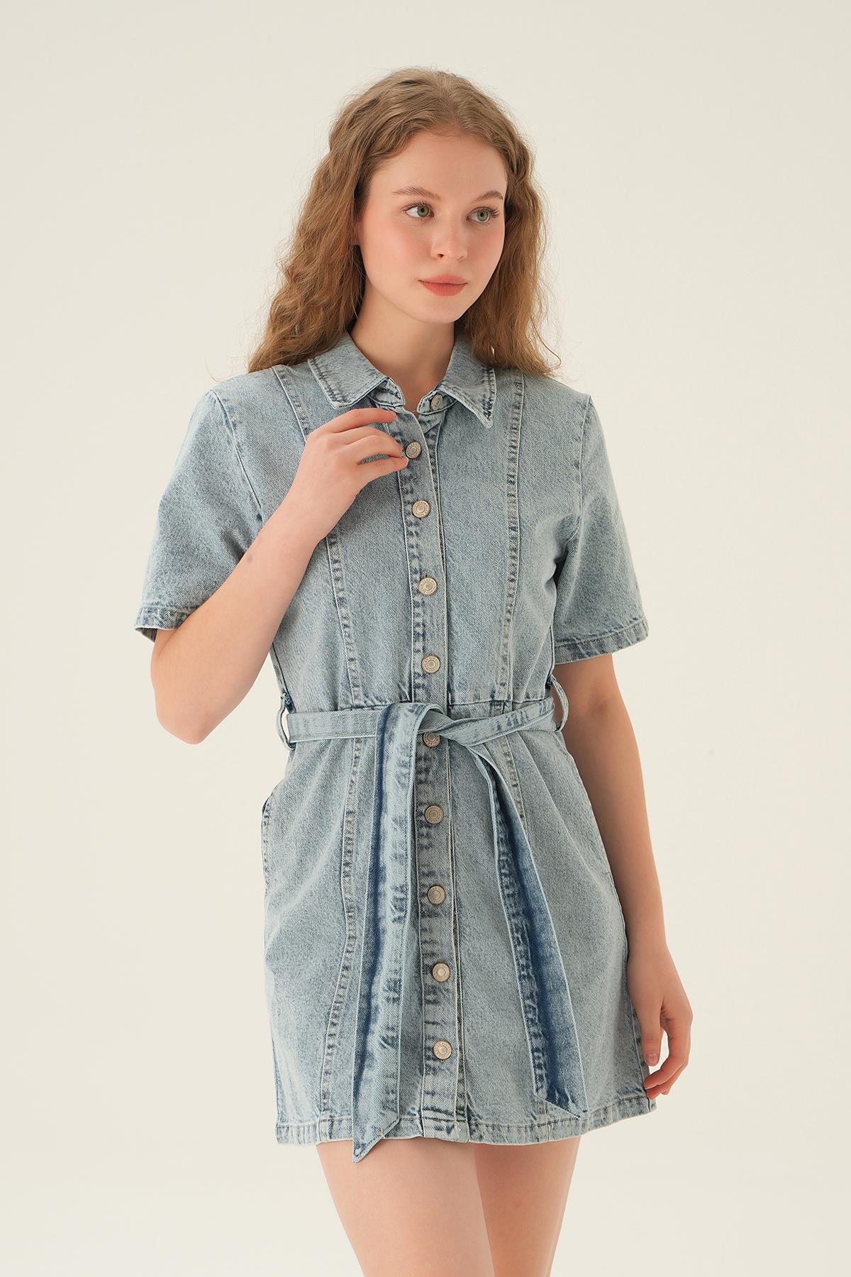 1165 Kemerli Kot Elbise Mavi - 4