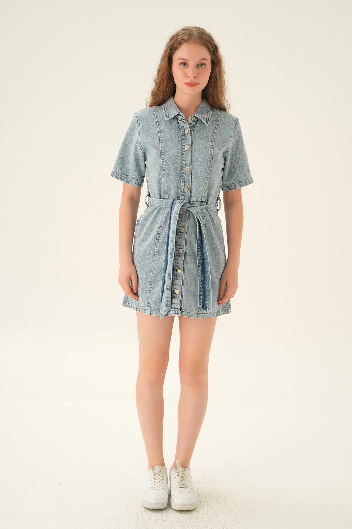 Mavi Kemerli Kot Elbise 1165 - 1